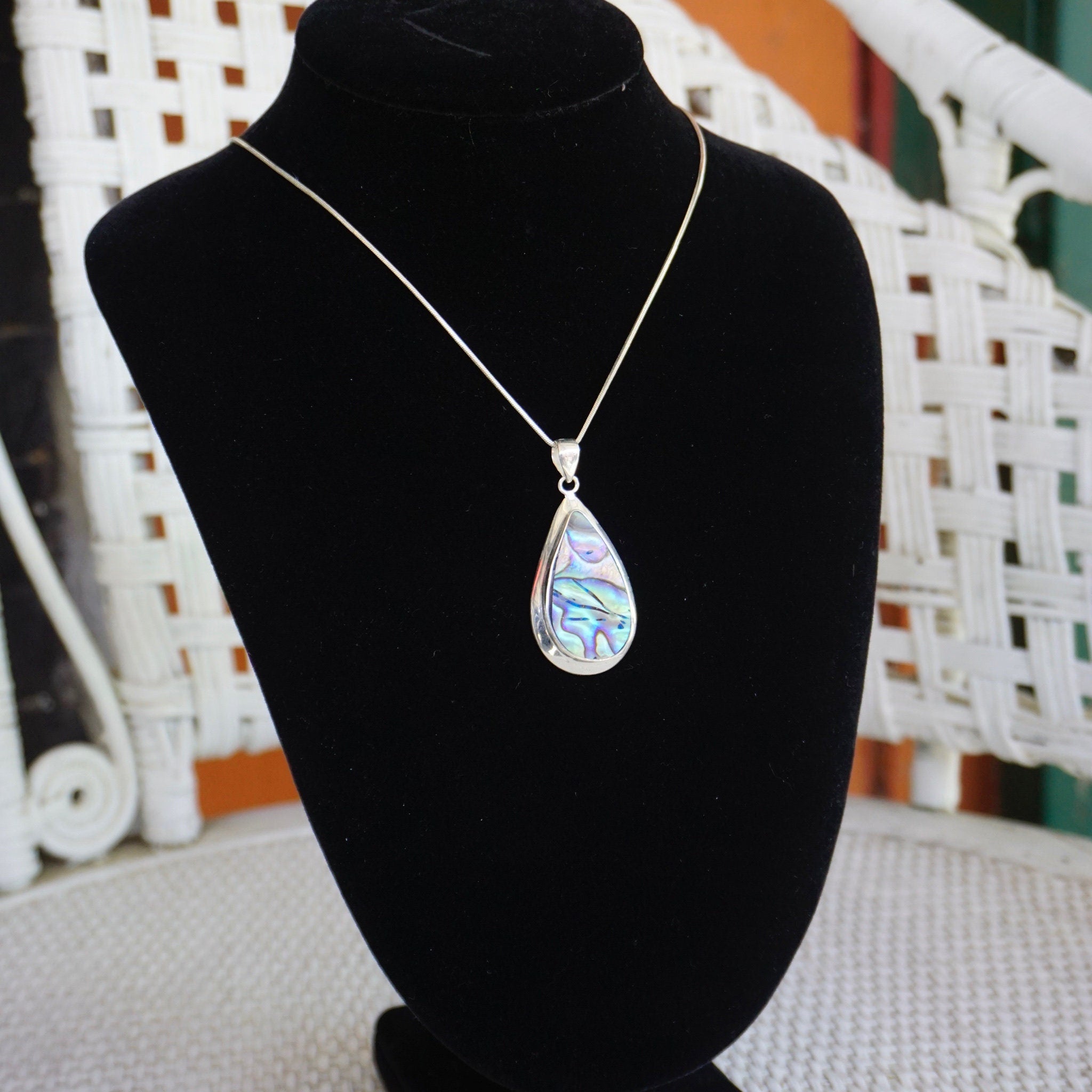 Vintage Abalone Sterling Silver Pendant Necklace, Beautiful Silver & Shell Tear Drop Pendant, Iridescent Abalone Pendant Necklace, 925