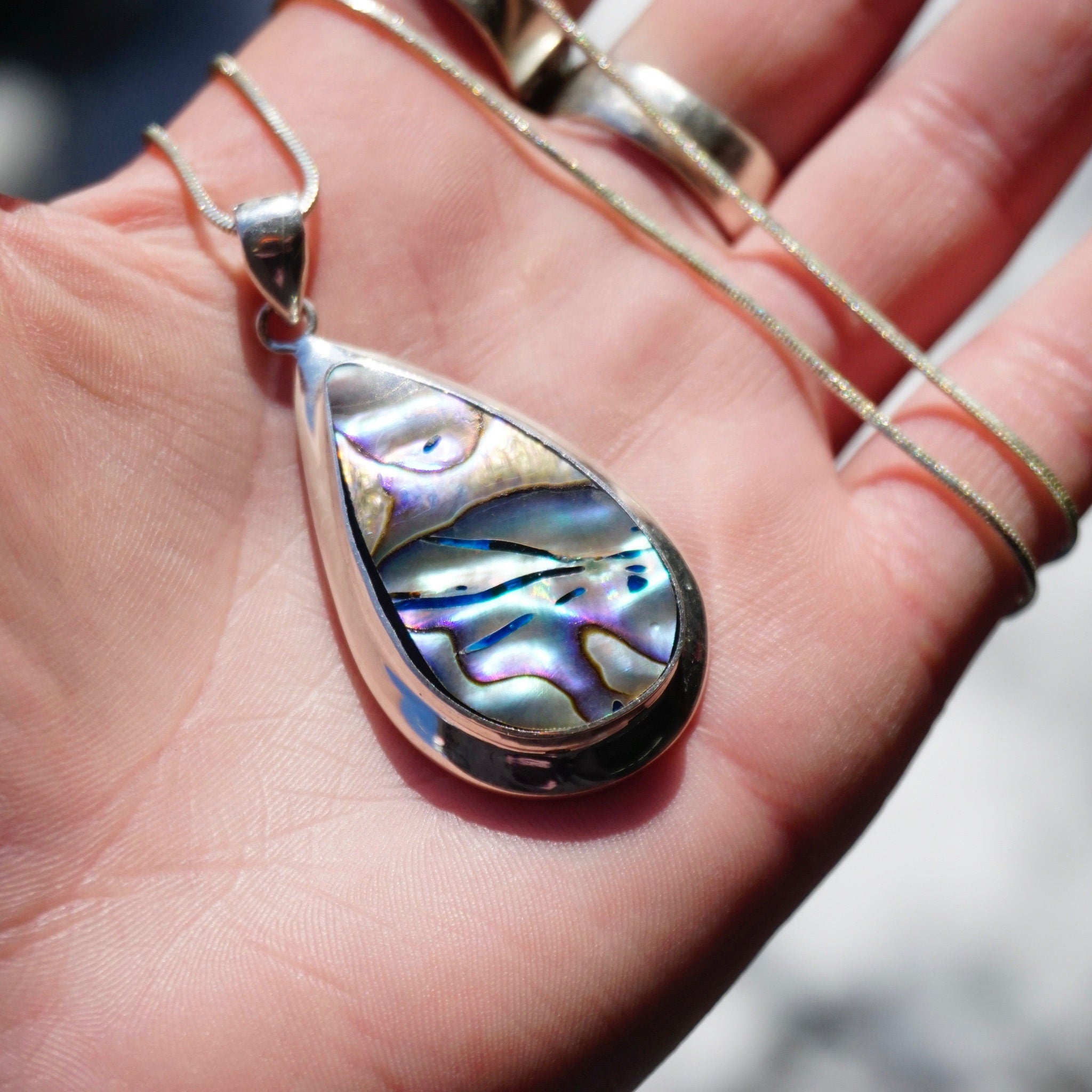 Vintage Abalone Sterling Silver Pendant Necklace, Beautiful Silver & Shell Tear Drop Pendant, Iridescent Abalone Pendant Necklace, 925