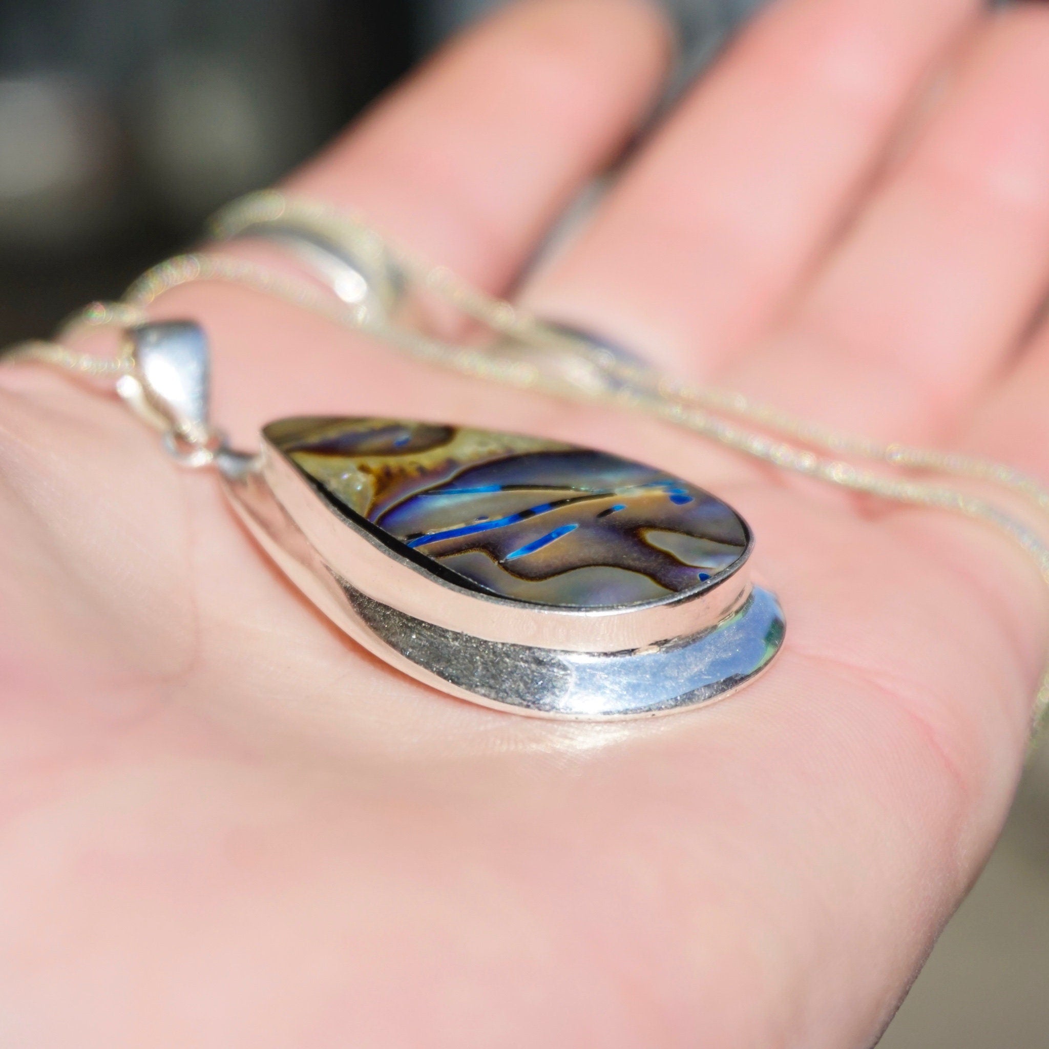 Vintage Abalone Sterling Silver Pendant Necklace, Beautiful Silver & Shell Tear Drop Pendant, Iridescent Abalone Pendant Necklace, 925