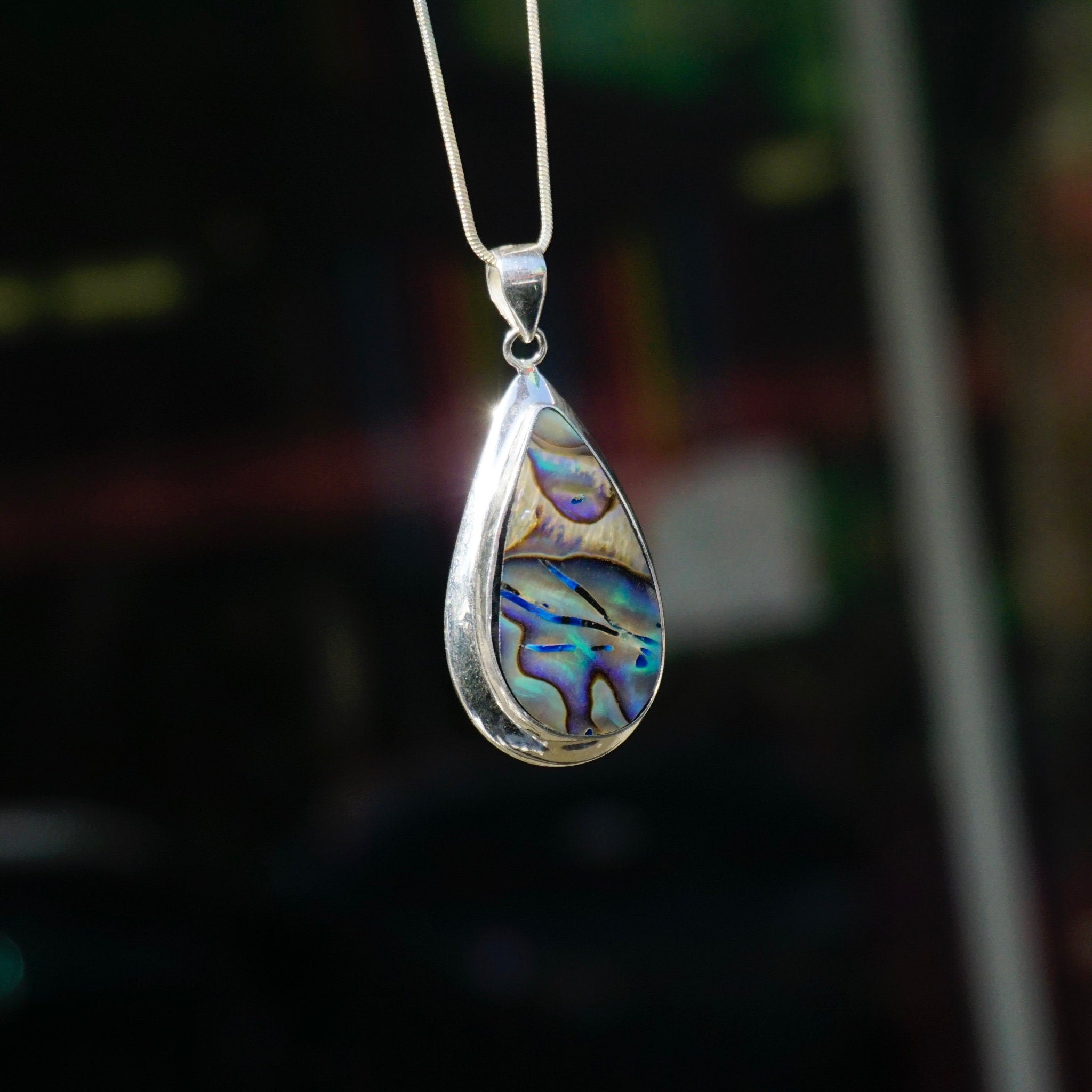 Vintage Abalone Sterling Silver Pendant Necklace, Beautiful Silver & Shell Tear Drop Pendant, Iridescent Abalone Pendant Necklace, 925
