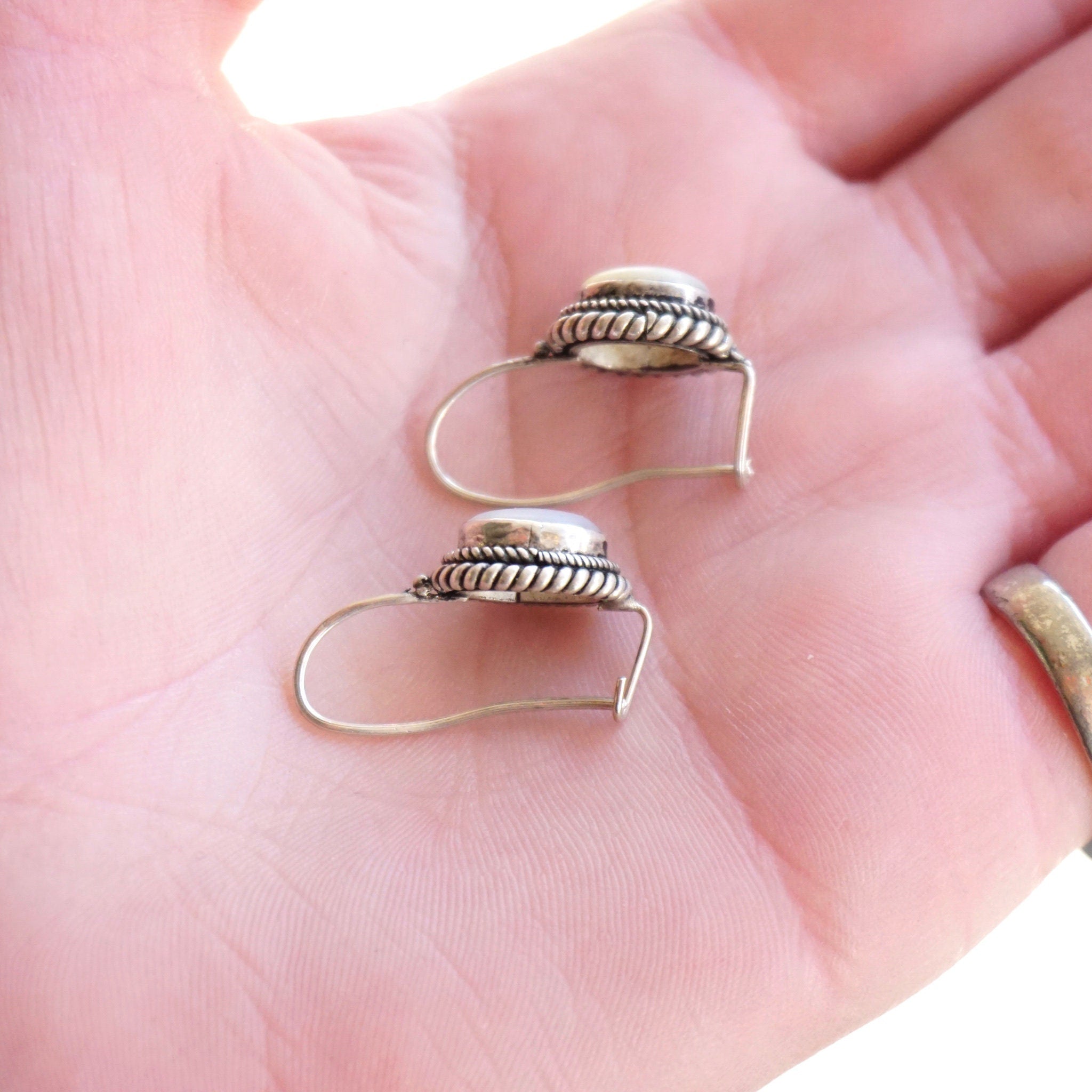 Vintage Moonstone & Silver Earrings, Beautiful Moonstone Drop Earrings, Locking Hook Kidney Ear Wire Earrings, Petite Silver Earrings