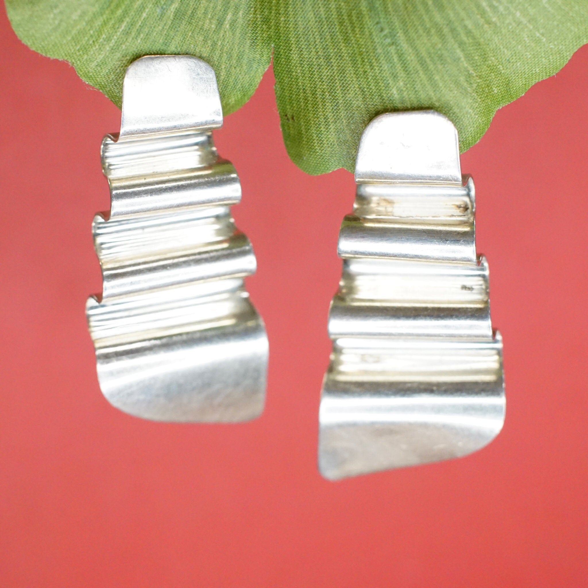 Vintage TAXCO Sterling Silver Wavy Drop Earrings, Modernist Warped Silver Panel Earrings, Unique Stud Earrings, TC-155 Mexico 925, 2" L