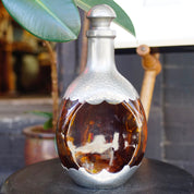 Vintage KMD Royal Holland Daalderop Pinched Amber Glass & Hammered Pewter Decanter Bottle w/ Stopper, Mid Century Modern, Made In Holland