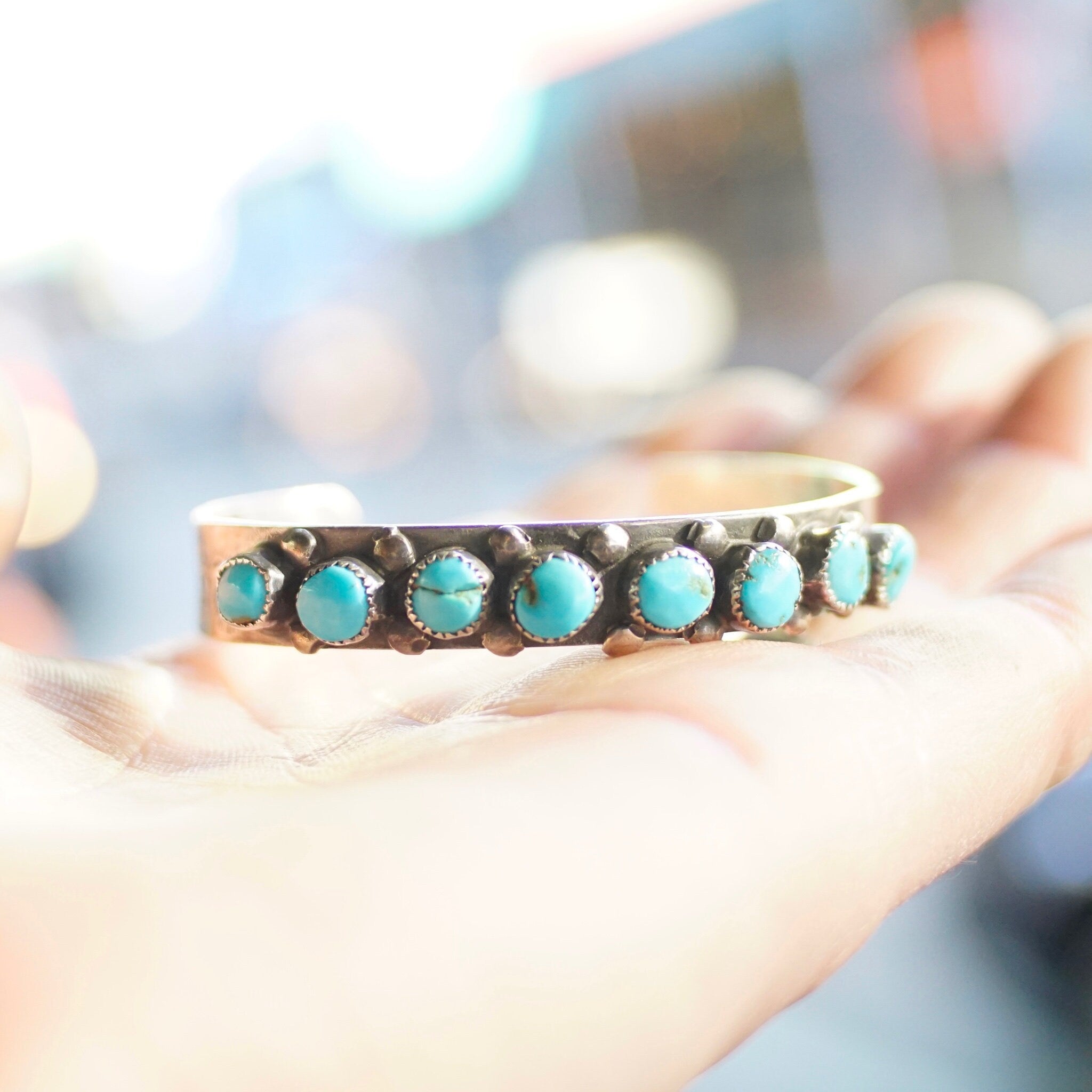 Vintage Zuni Snake Eye Turquoise Cuff Bracelet, Petite Silver Cuff With Single Row Of Turquoise Stones, Native American Old Pawn Jewelry