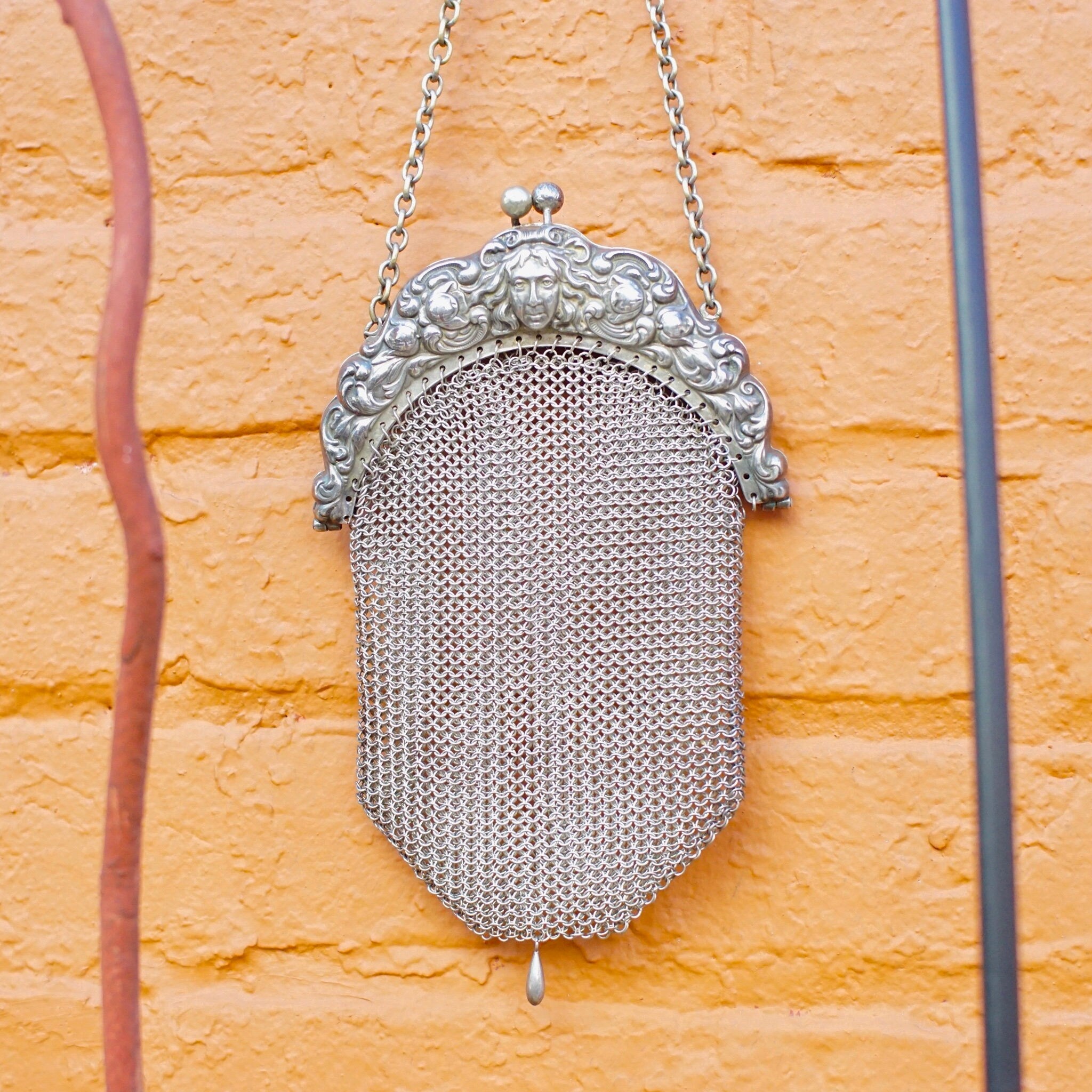Antique Art Nouveau Sterling Silver Chain Mail Purse, Vintage Silver Mesh Coin Purse With Embossed Face On Frame, In Amazing Condition, 925