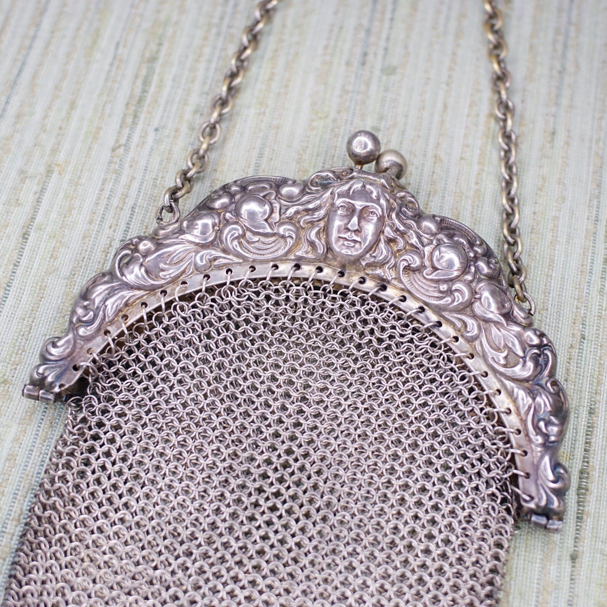 Antique Art Nouveau Sterling Silver Chain Mail Purse, Vintage Silver Mesh Coin Purse With Embossed Face On Frame, In Amazing Condition, 925