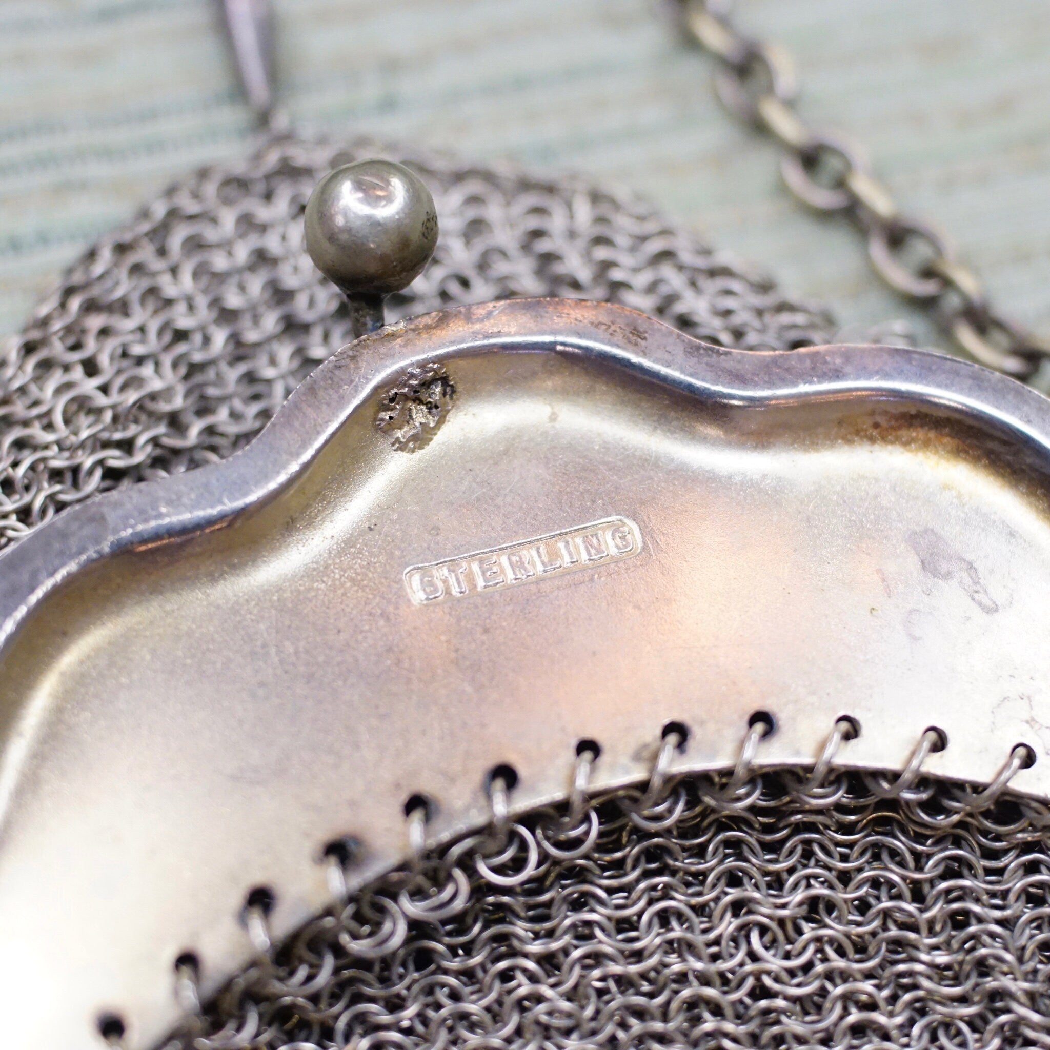 Antique Art Nouveau Sterling Silver Chain Mail Purse, Vintage Silver Mesh Coin Purse With Embossed Face On Frame, In Amazing Condition, 925