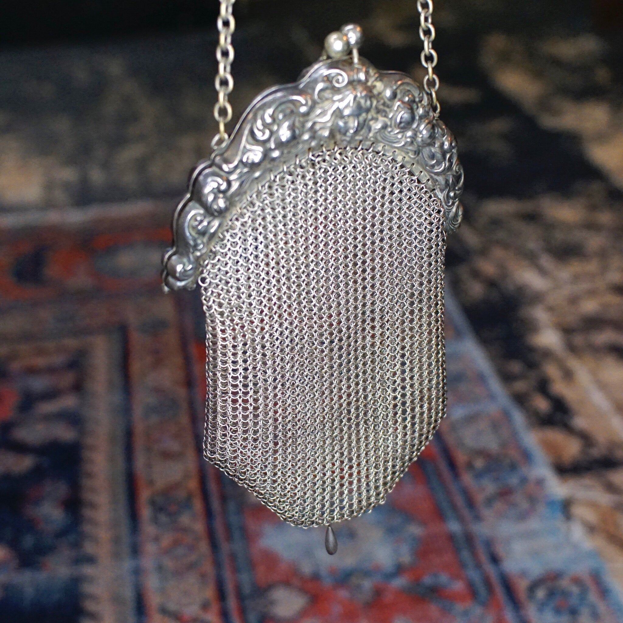 Antique Art Nouveau Sterling Silver Chain Mail Purse, Vintage Silver Mesh Coin Purse With Embossed Face On Frame, In Amazing Condition, 925