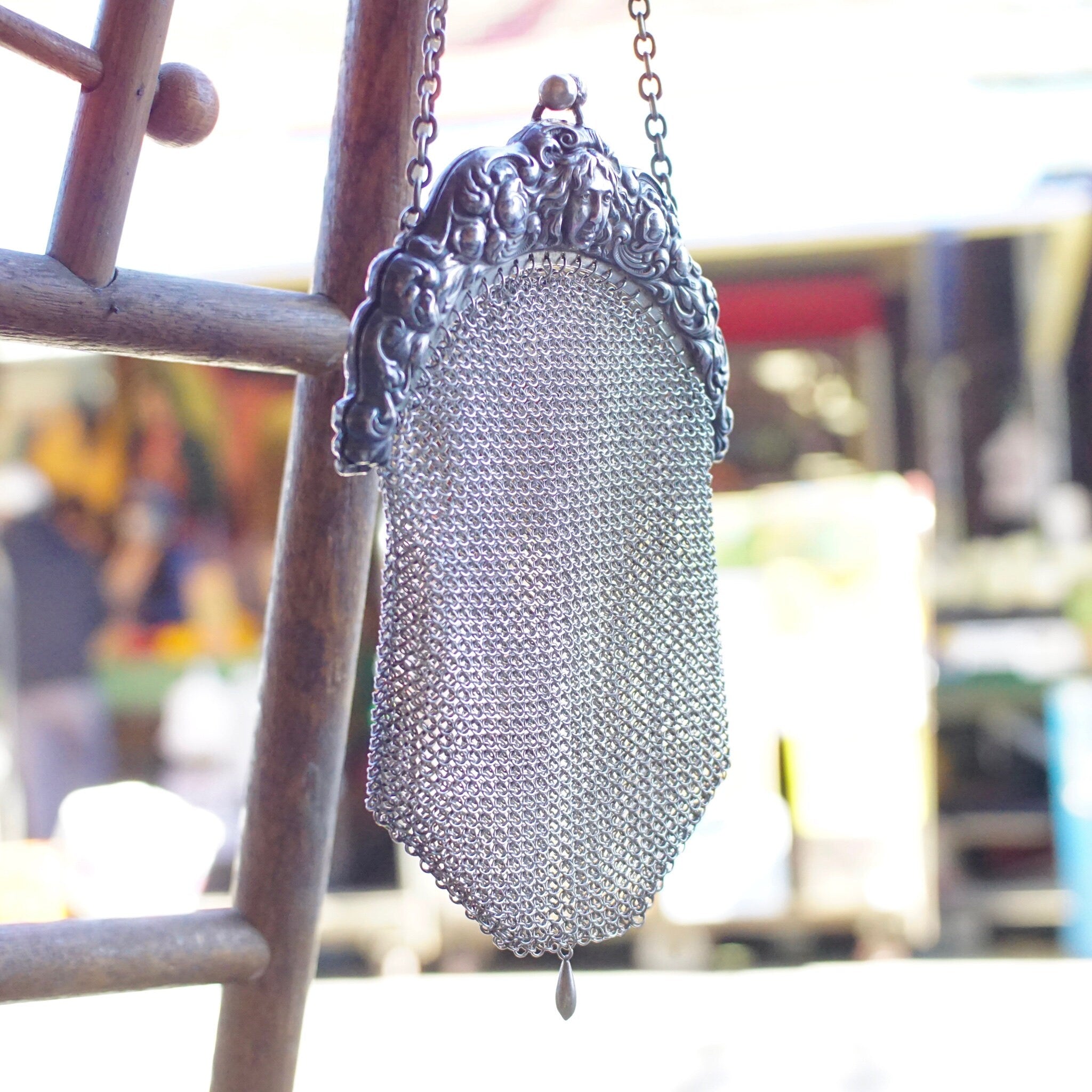 Antique Art Nouveau Sterling Silver Chain Mail Purse, Vintage Silver Mesh Coin Purse With Embossed Face On Frame, In Amazing Condition, 925