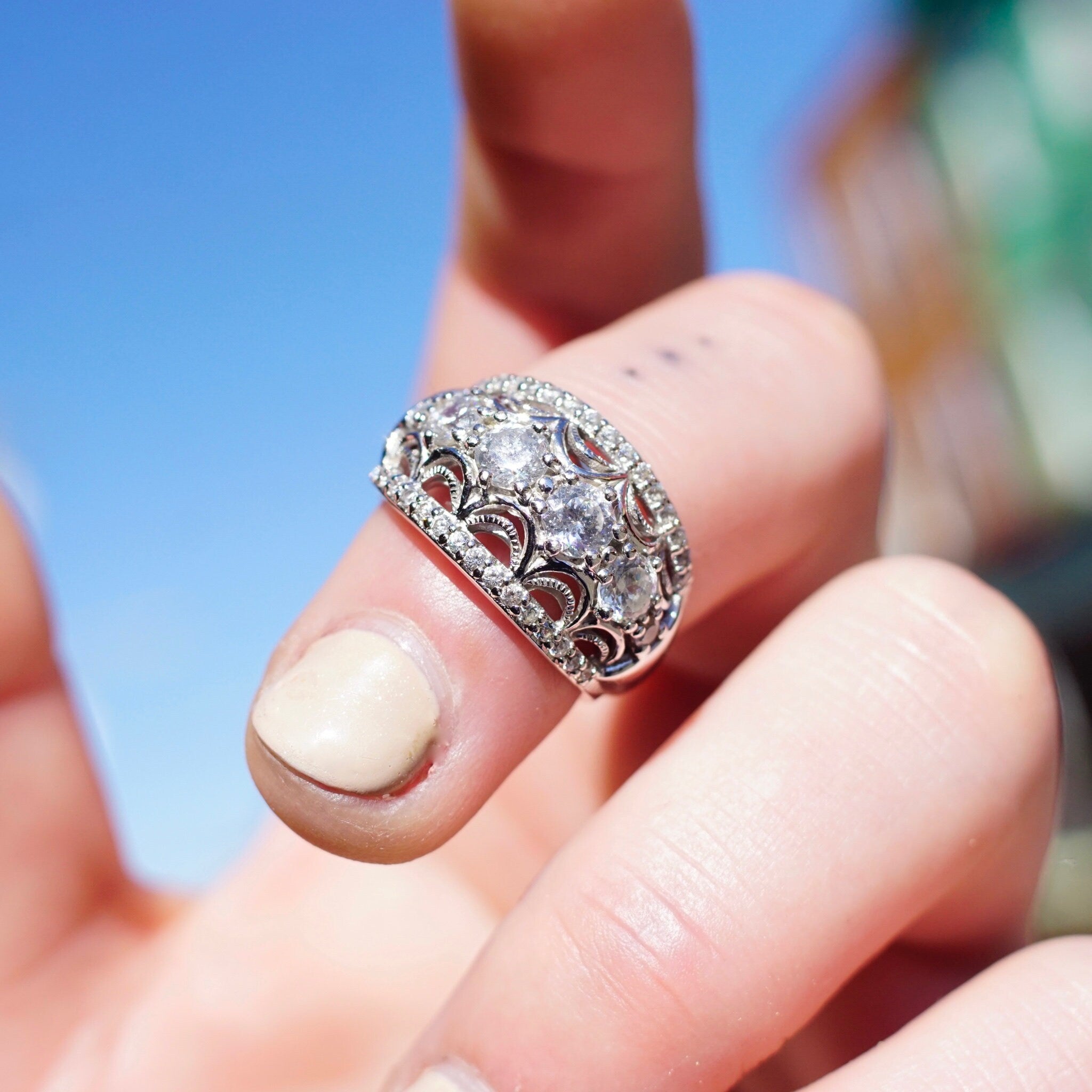 Vintage Tacori IV Sterling Silver & Cubic Zirconium Dome Ring, Silver Filigree Ring With Clear CZ Diamonds, 925 Jewelry, Size 6 1/2 US
