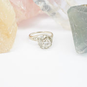 Vintage 14K White Gold & Diamond Ring, Mid Century Diamond Swirl Engagement Ring, Petite White Gold Scallop Halo Diamond Ring, Size 6 1/4 US