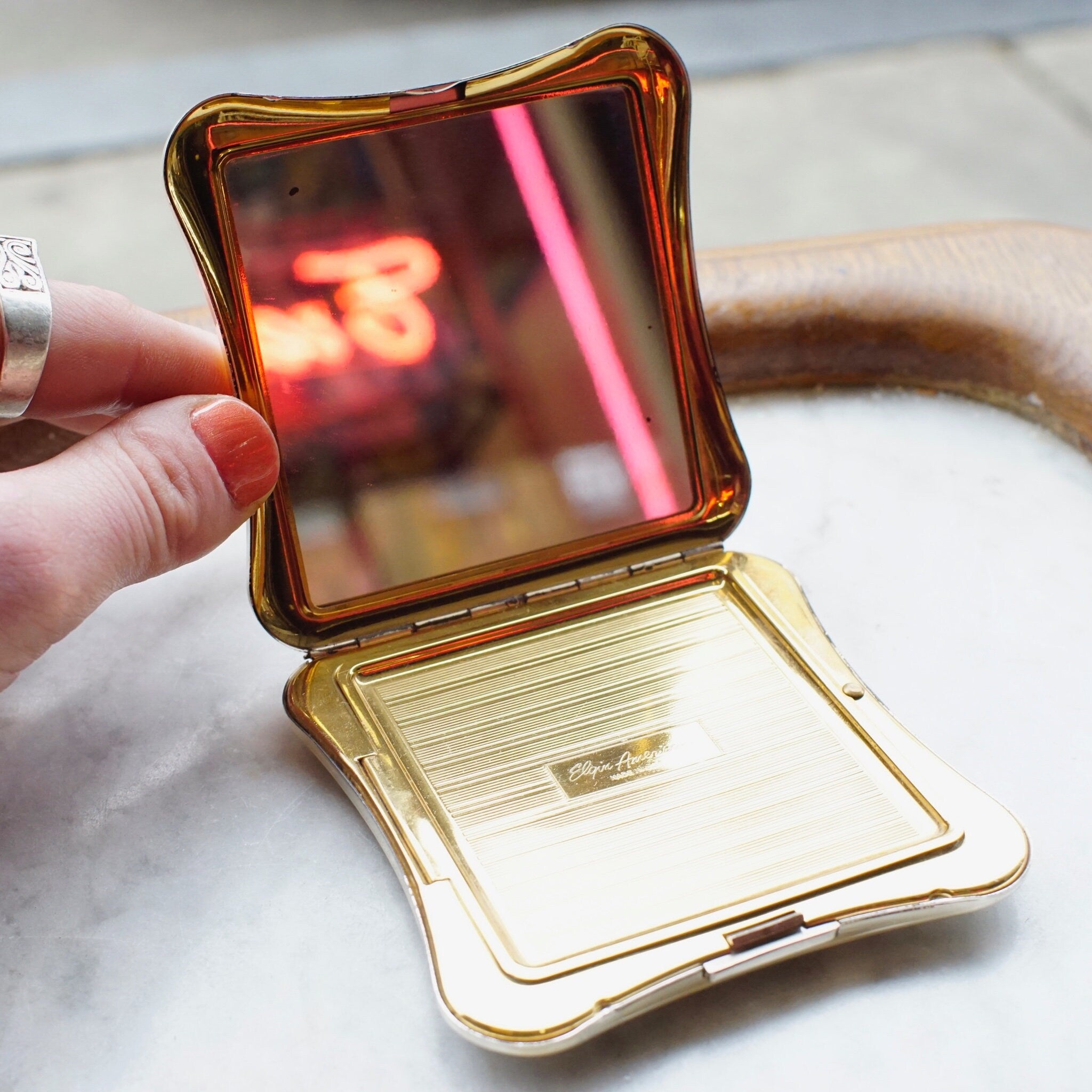 Vintage Elgin American Gold & Silver Tone Butterfly Compact, 1950's Compact Mirror And Power Puff Case, Makeup Compact With Etched Design