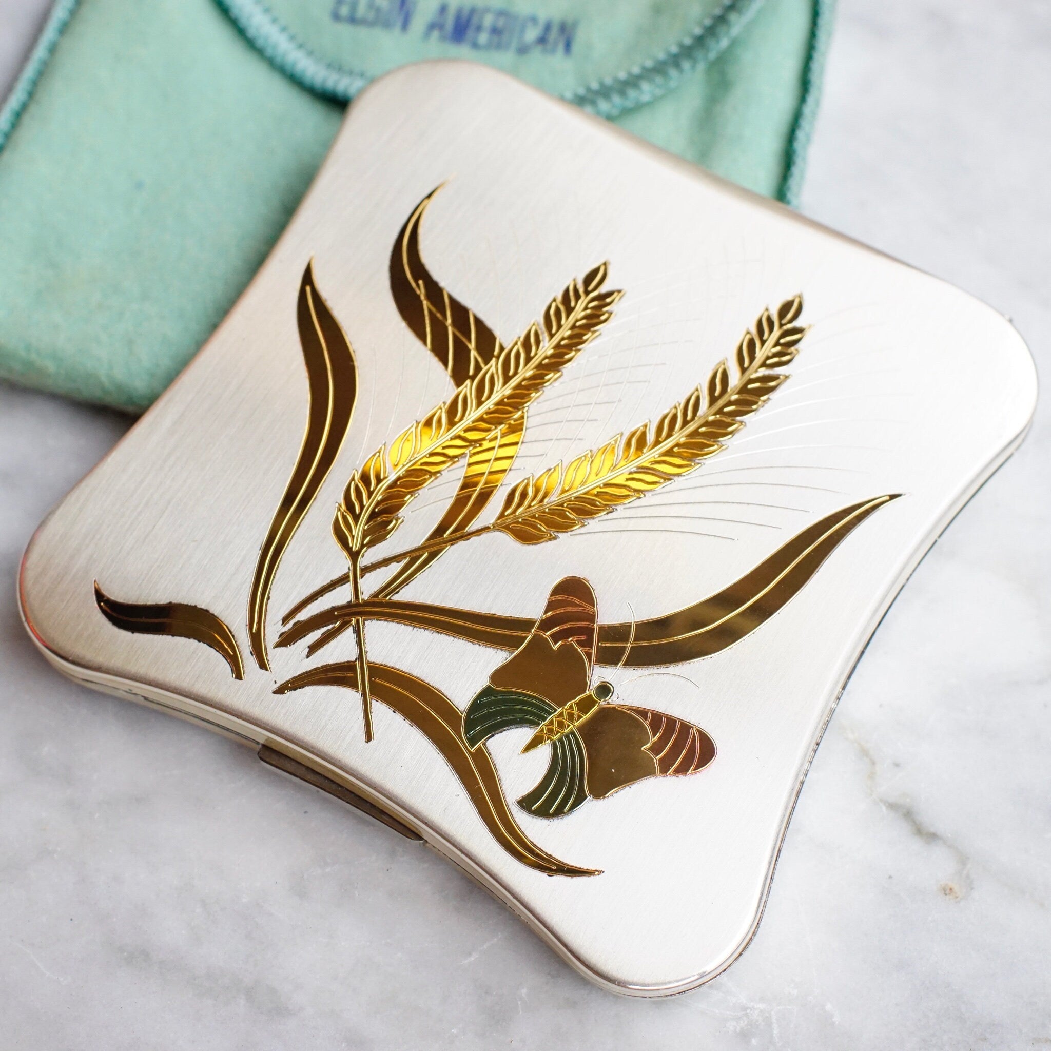 Vintage Elgin American Gold & Silver Tone Butterfly Compact, 1950's Compact Mirror And Power Puff Case, Makeup Compact With Etched Design