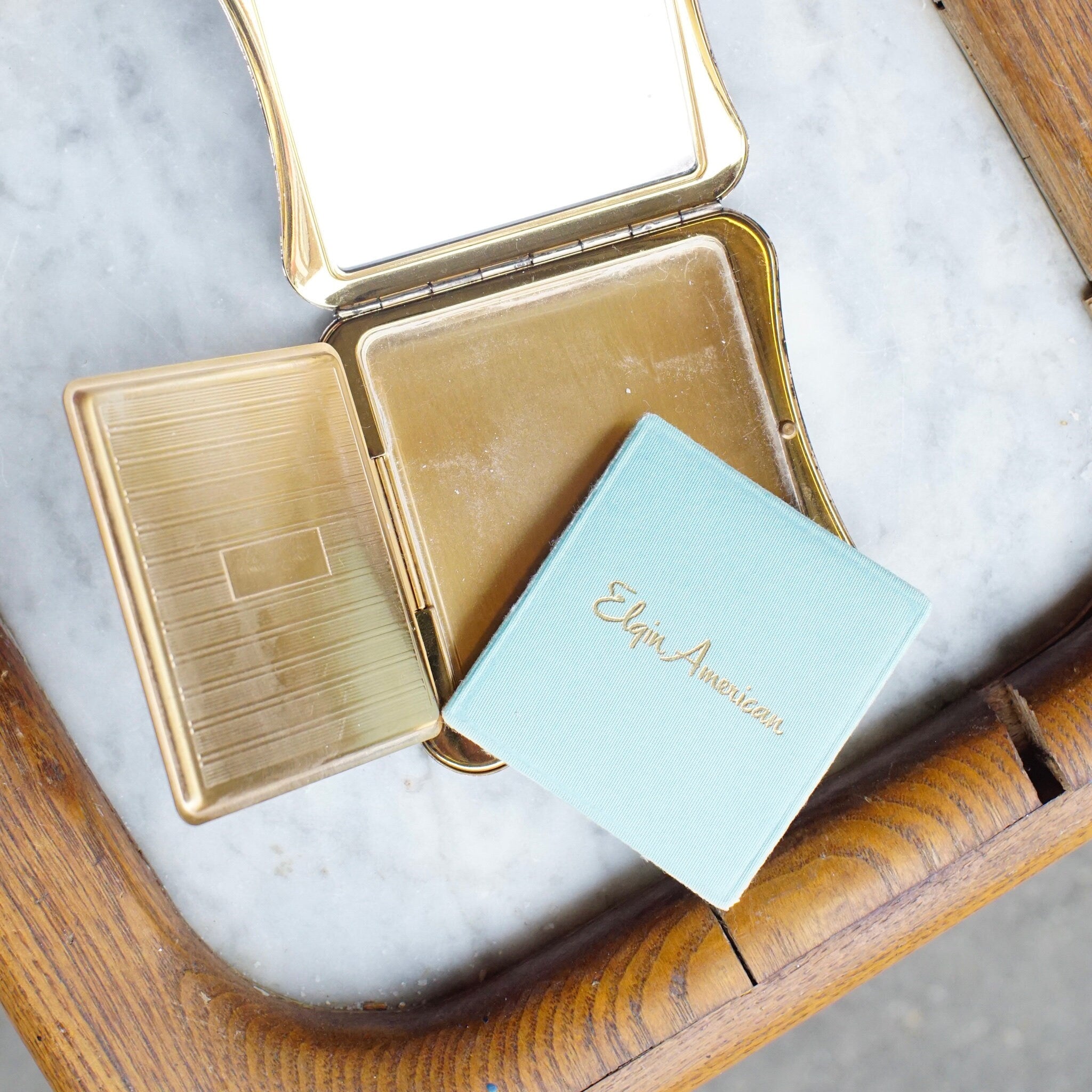 Vintage Elgin American Gold & Silver Tone Butterfly Compact, 1950's Compact Mirror And Power Puff Case, Makeup Compact With Etched Design