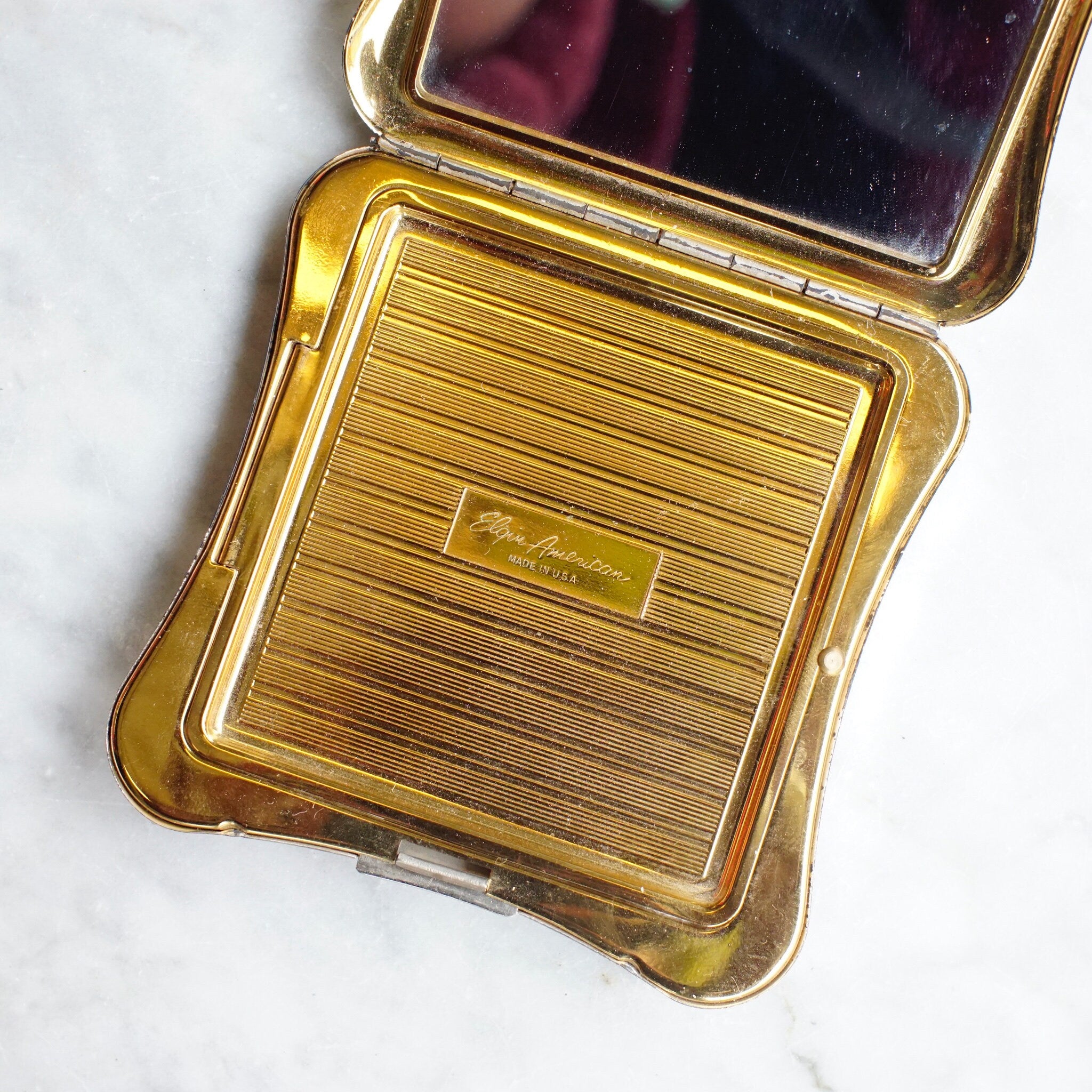 Vintage Elgin American Gold & Silver Tone Butterfly Compact, 1950's Compact Mirror And Power Puff Case, Makeup Compact With Etched Design
