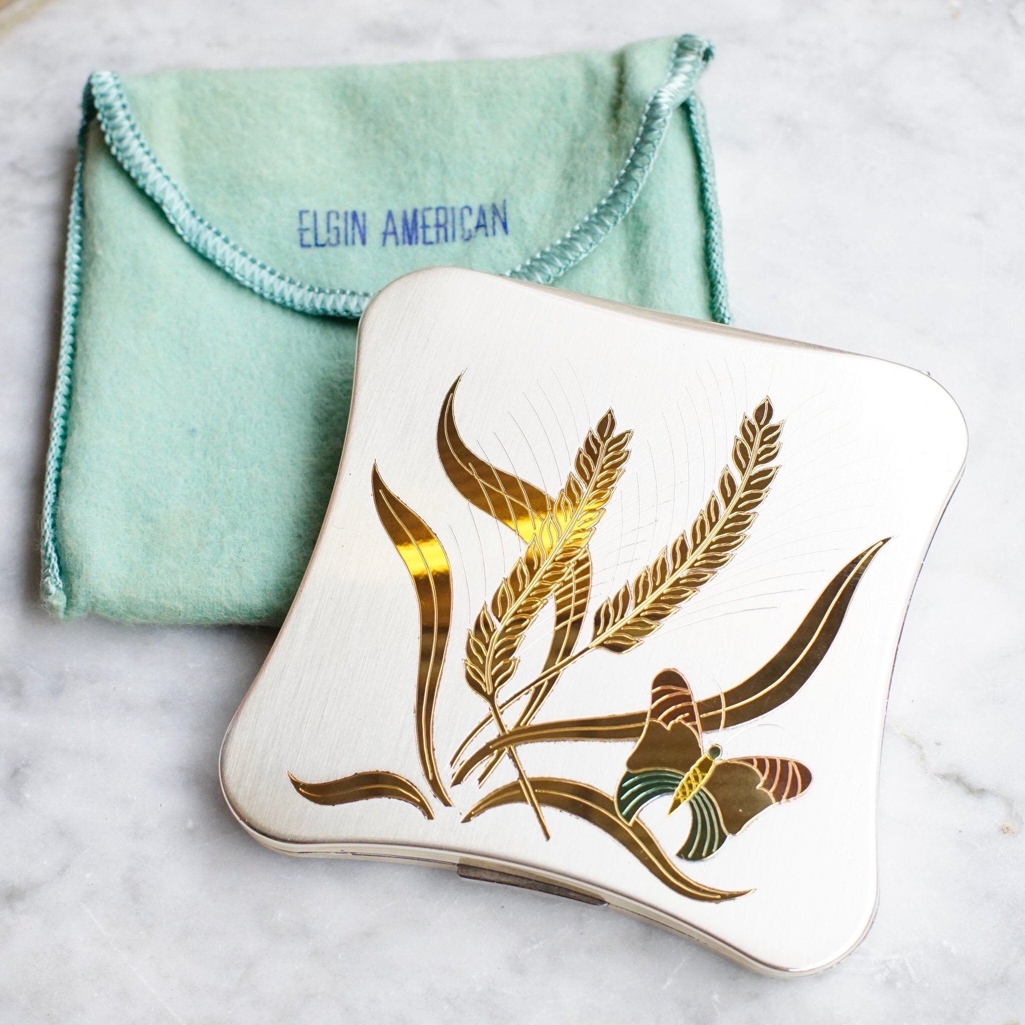 Vintage Elgin American Gold & Silver Tone Butterfly Compact, 1950's Compact Mirror And Power Puff Case, Makeup Compact With Etched Design