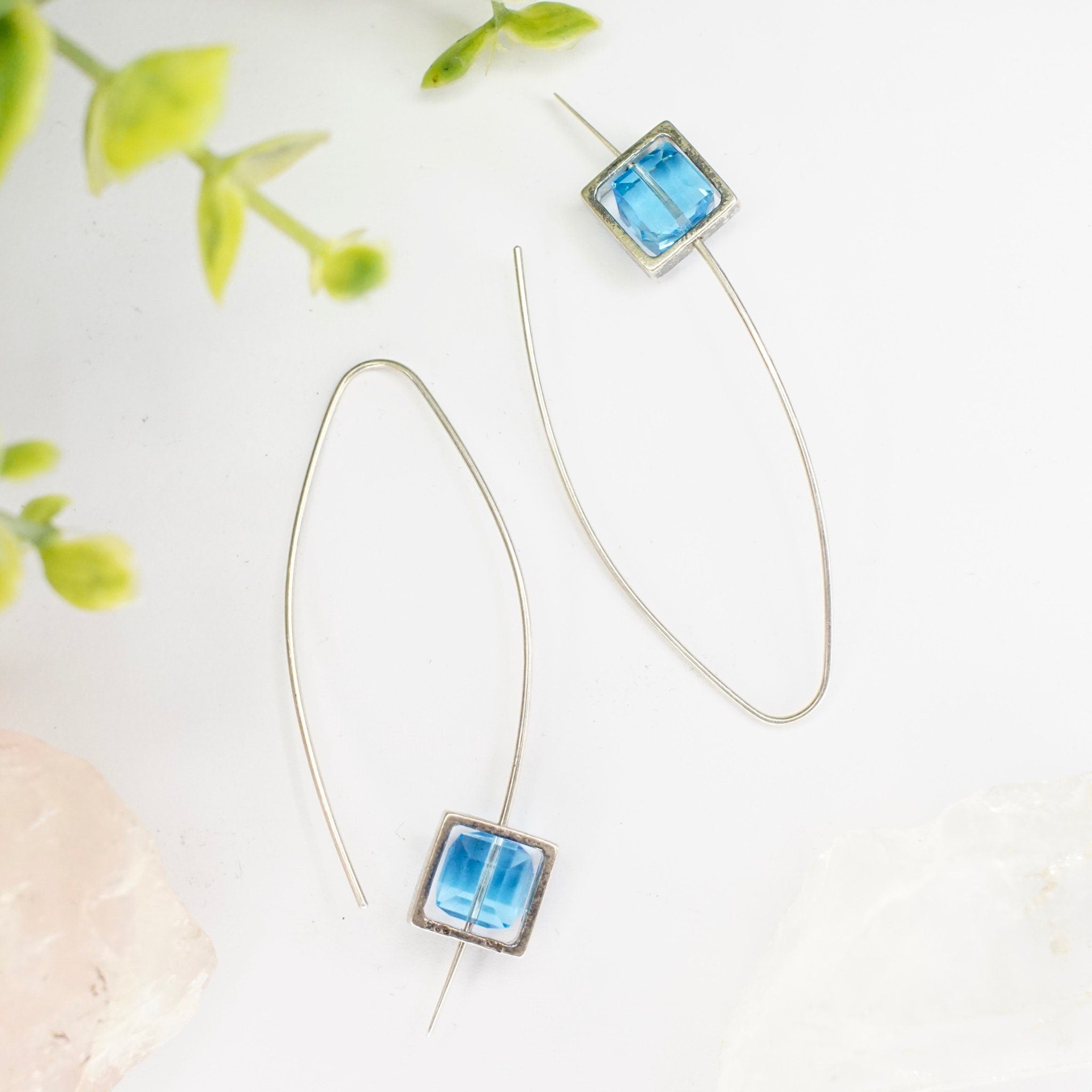 Vintage Sterling Silver Marquise Hook Earrings, Beautiful Silver Earrings With Framed Blue Glass, Minimalist Silver & Glass Earrings, 925