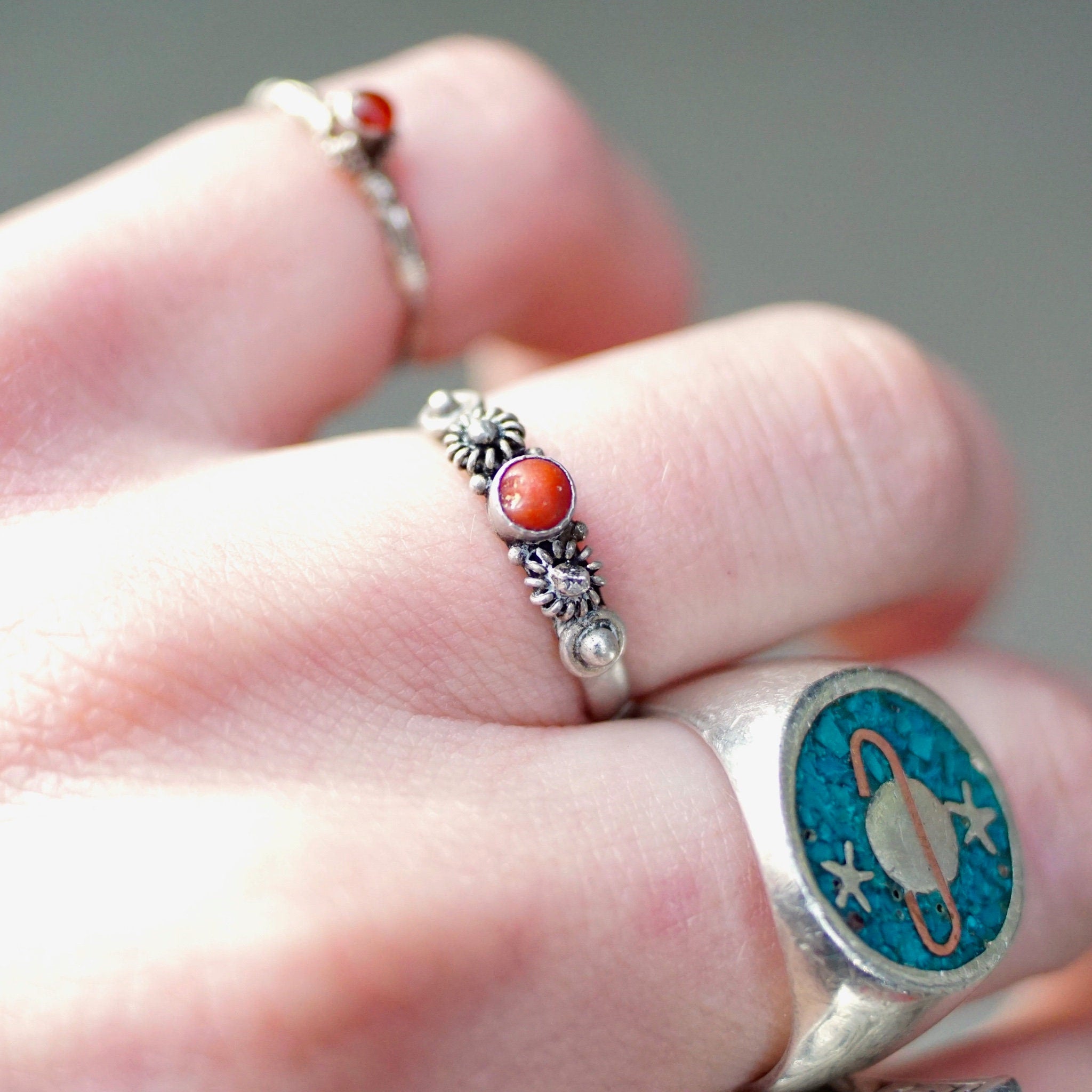 Vintage Silver & Coral Ring, Handmade Coral Ring With Small Silver Details, Petite Silver Ring With Small Coral Stone, Stackable, Size 8 US
