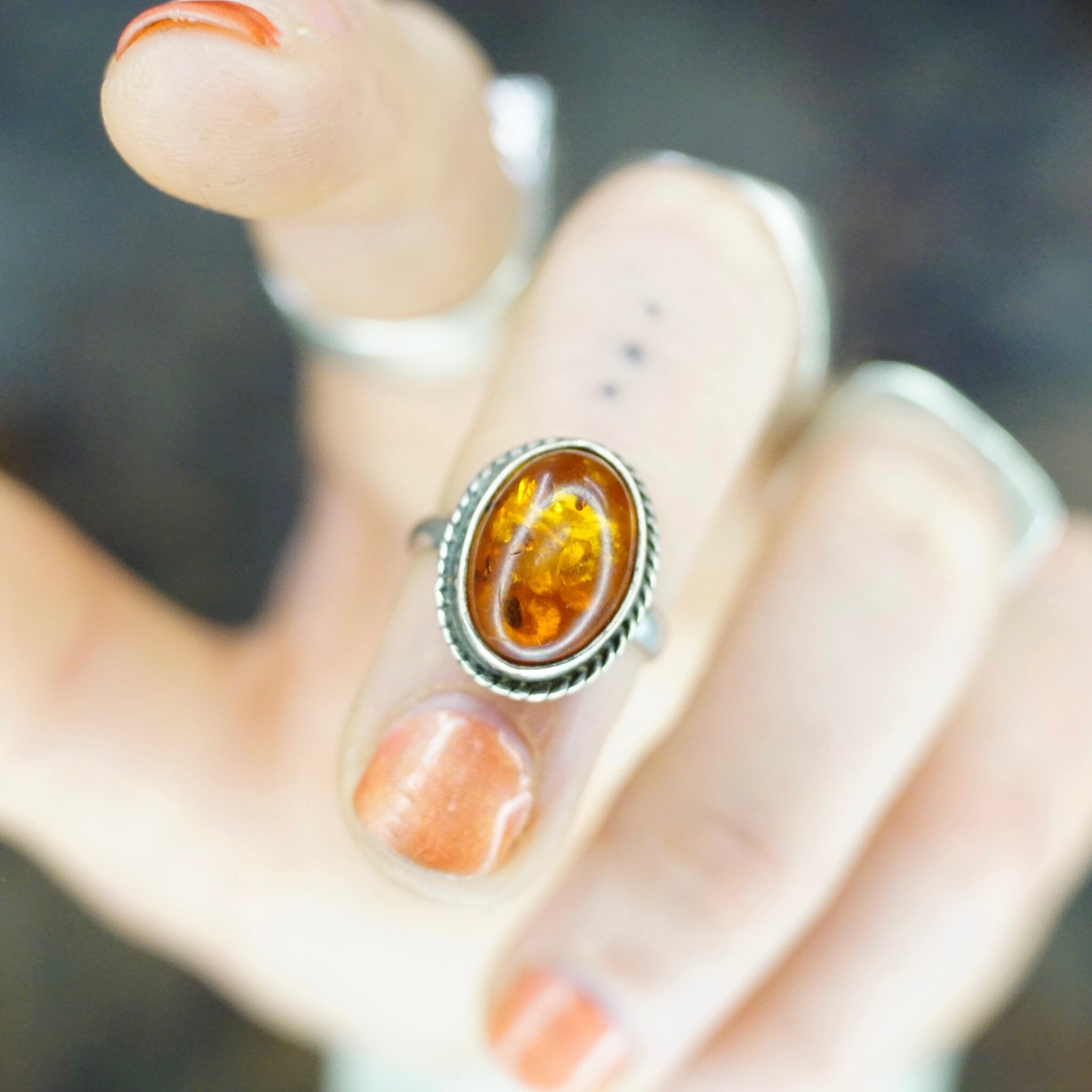 Vintage Sterling Silver Amber Ring, Beautiful Silver Ring With Natural Amber Stone, Minimalist Silver Ring, 925 Jewelry, Size 5 1/2 US