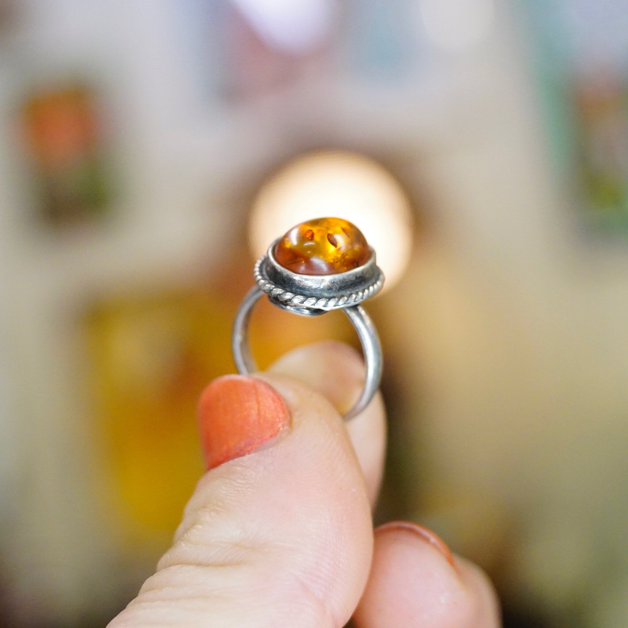 Vintage Sterling Silver Amber Ring, Beautiful Silver Ring With Natural Amber Stone, Minimalist Silver Ring, 925 Jewelry, Size 5 1/2 US