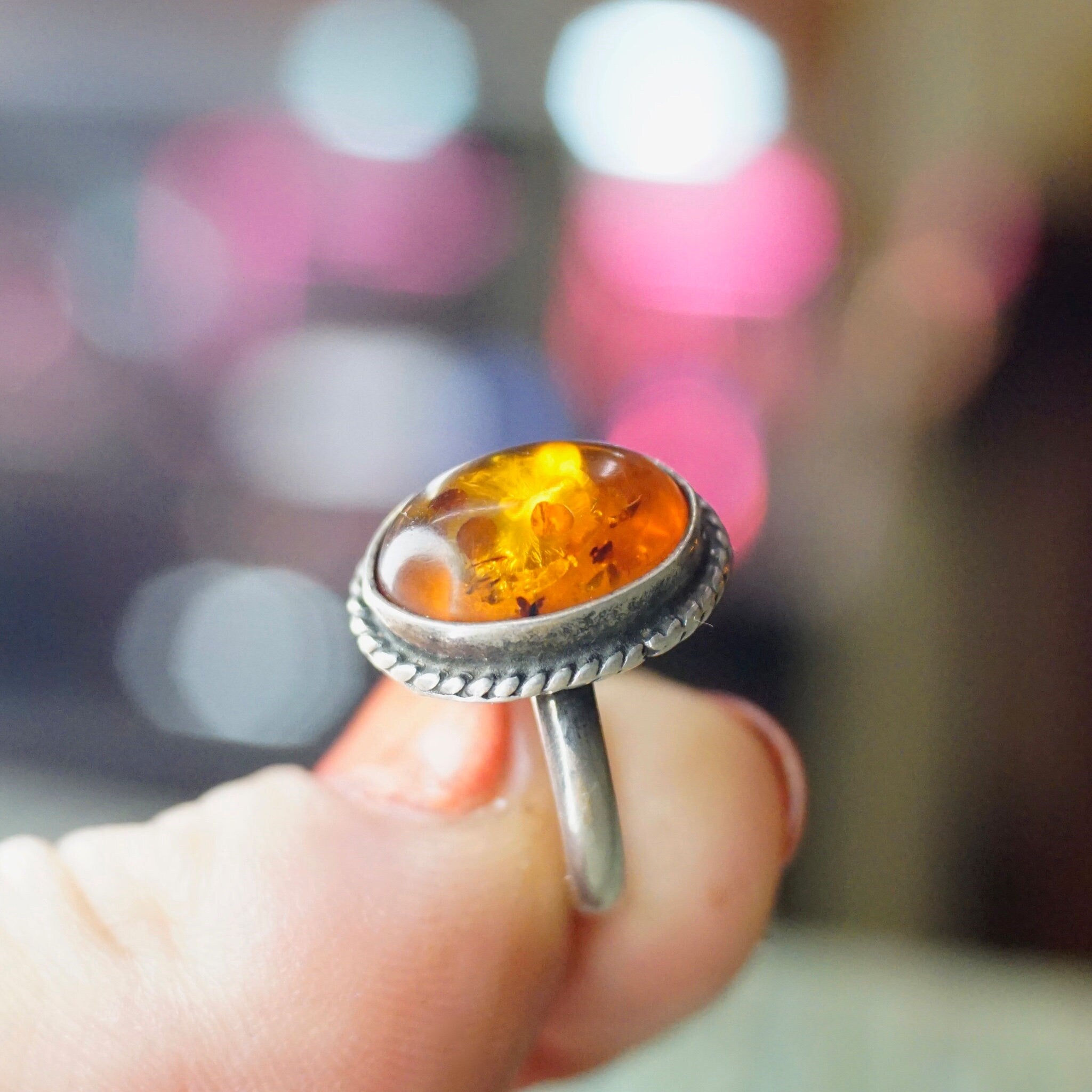 Vintage Sterling Silver Amber Ring, Beautiful Silver Ring With Natural Amber Stone, Minimalist Silver Ring, 925 Jewelry, Size 5 1/2 US