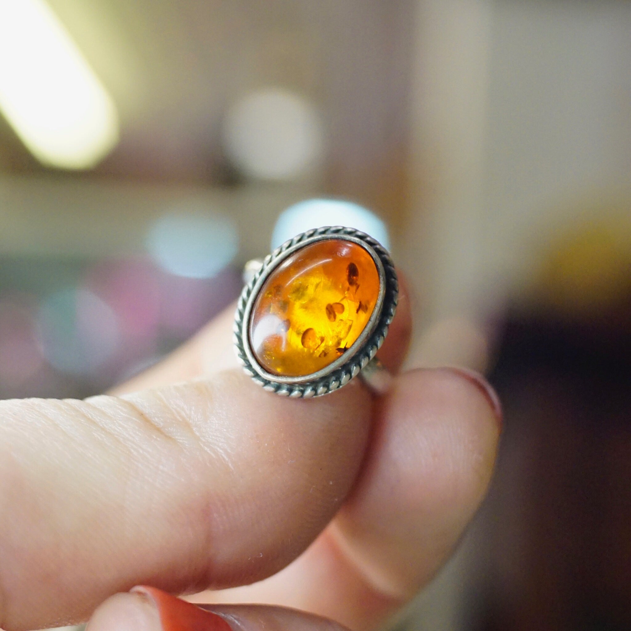 Vintage Sterling Silver Amber Ring, Beautiful Silver Ring With Natural Amber Stone, Minimalist Silver Ring, 925 Jewelry, Size 5 1/2 US