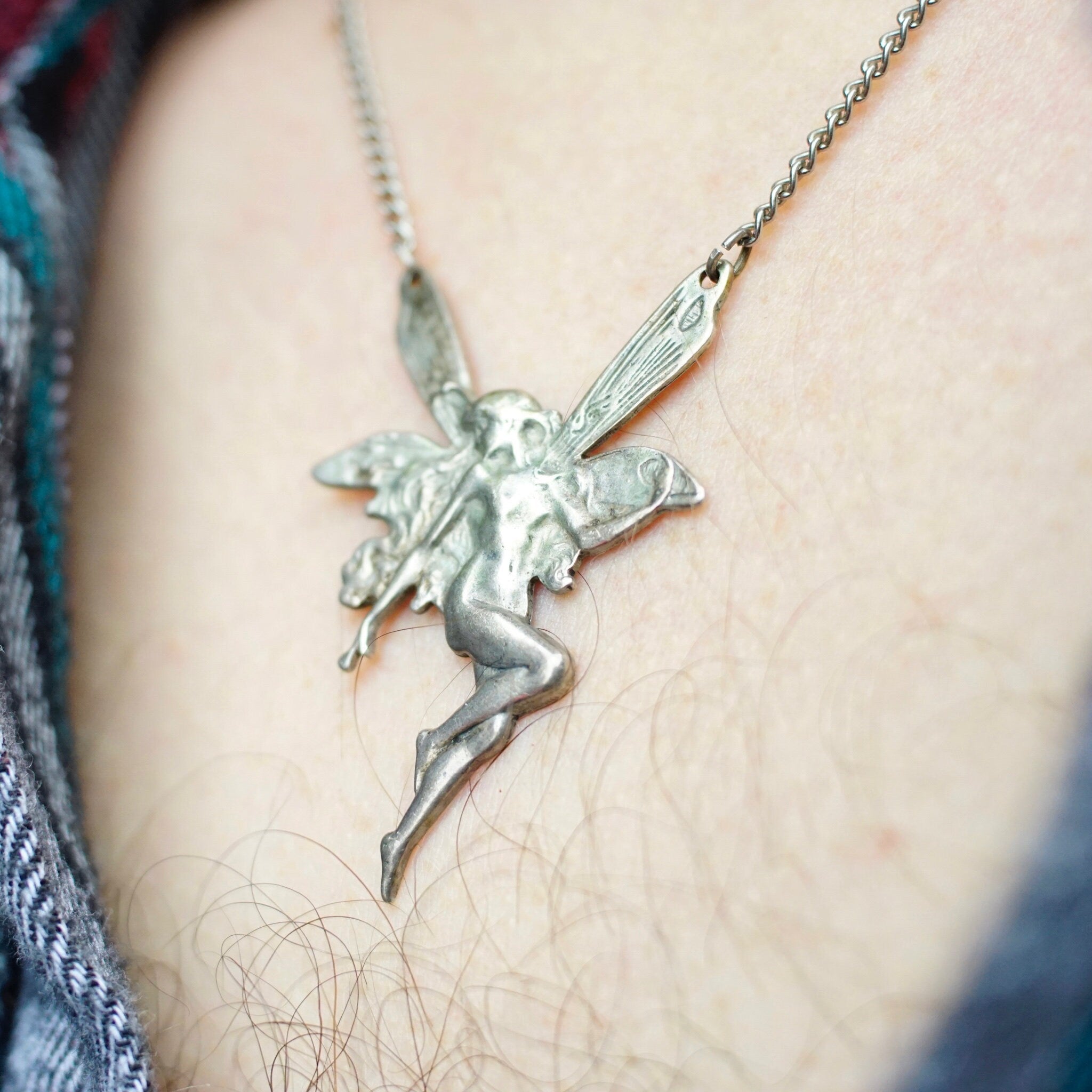 Vintage Sterling Silver Fairy Pendant Necklace, Art Nouveau Textured Silver Fairy Necklace, Silver Cable Chain Necklace, 925 Jewelry, 25" L