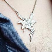 Vintage Sterling Silver Fairy Pendant Necklace, Art Nouveau Textured Silver Fairy Necklace, Silver Cable Chain Necklace, 925 Jewelry, 25" L