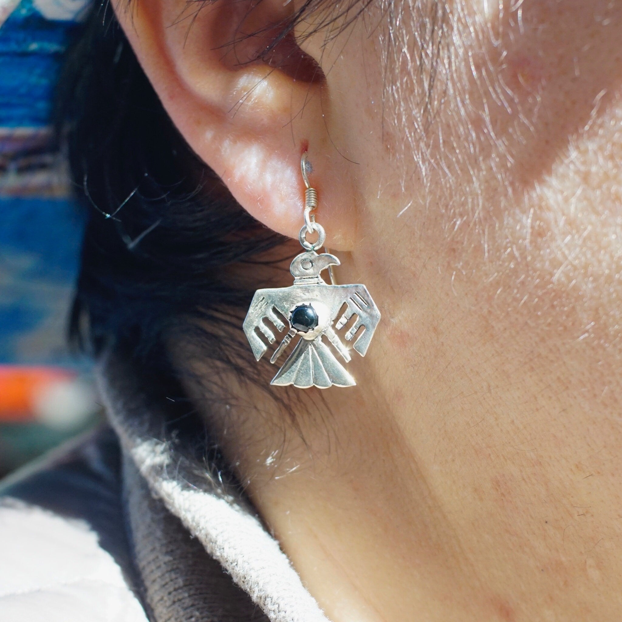 Vintage Sterling Silver & Onyx Thunderbird Dangle Earrings, Navajo Eagle Earrings With Accent Onyx Stone, Native American Jewelry, 925