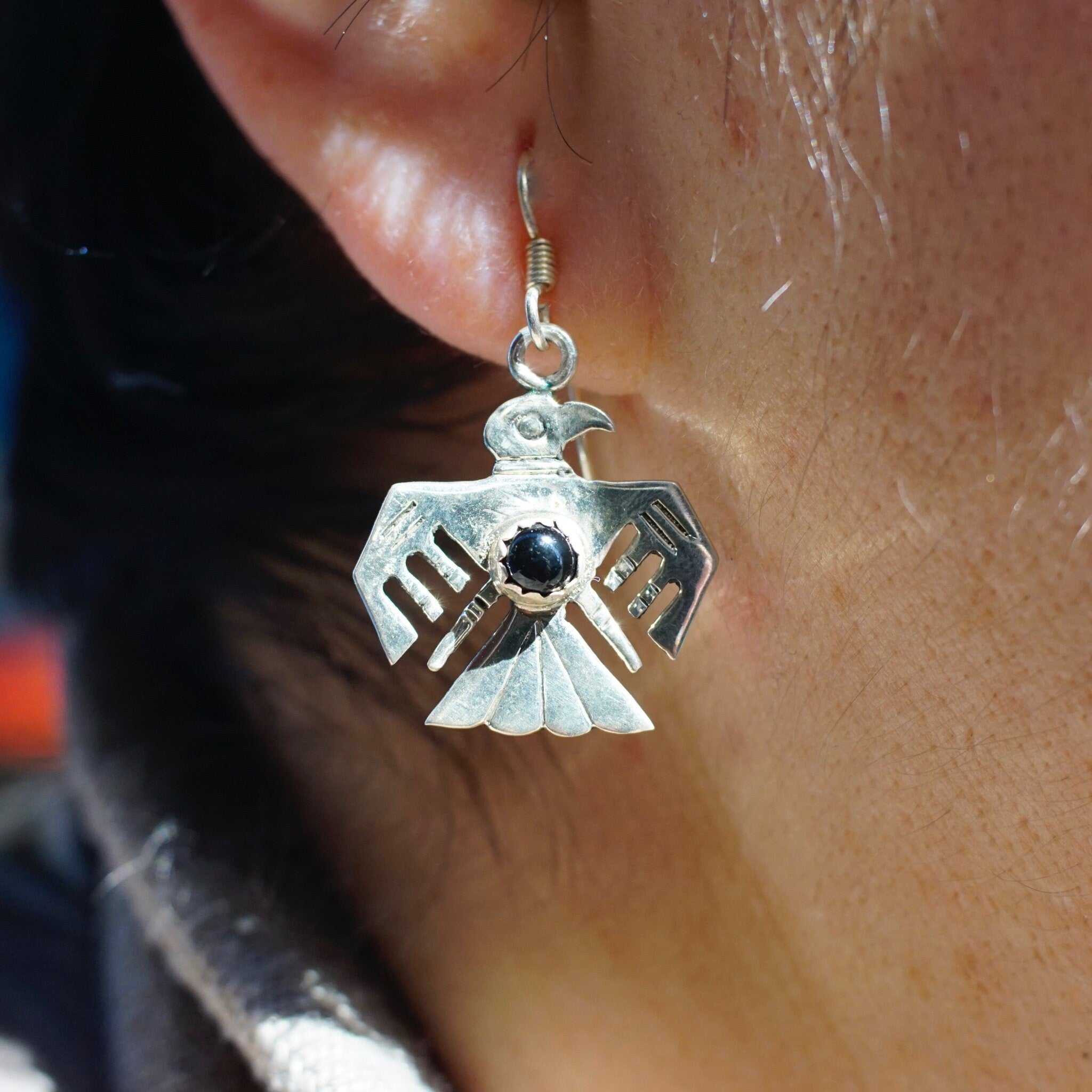 Vintage Sterling Silver & Onyx Thunderbird Dangle Earrings, Navajo Eagle Earrings With Accent Onyx Stone, Native American Jewelry, 925