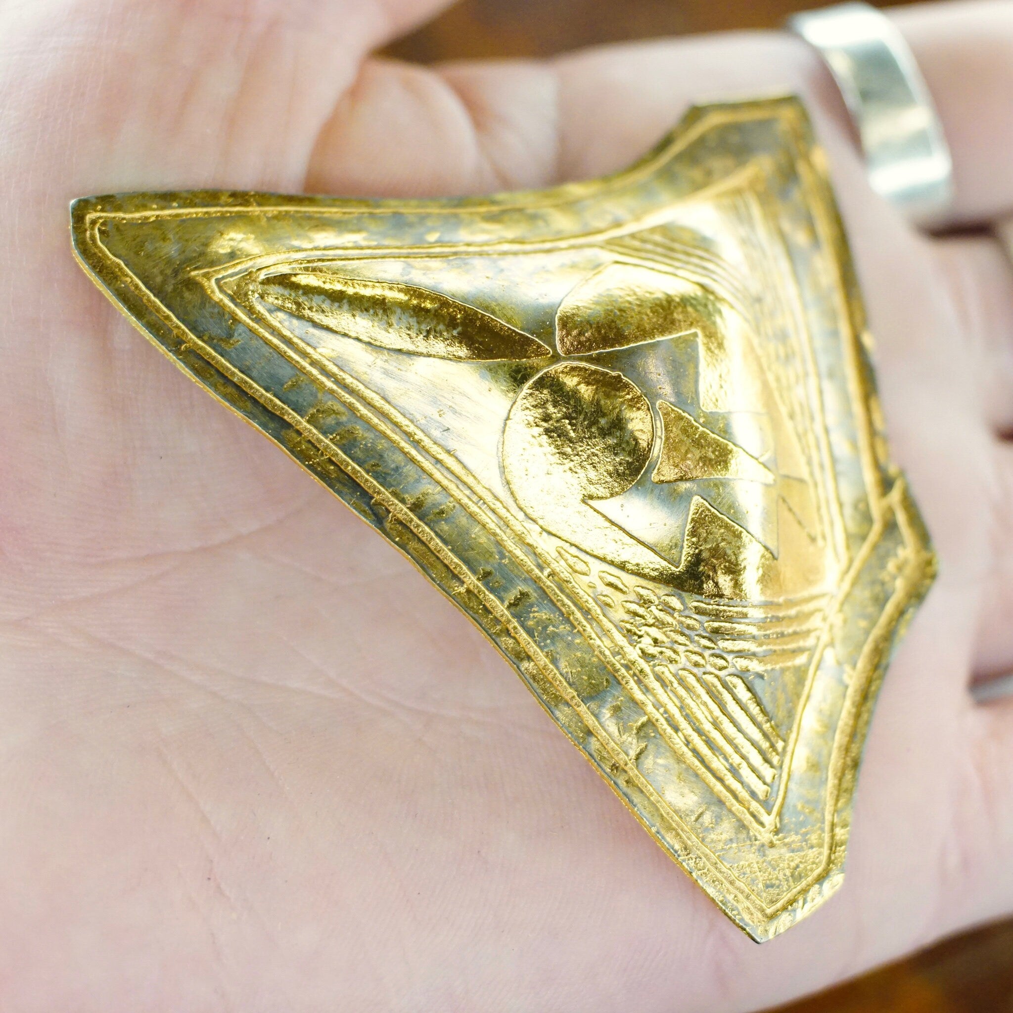Vintage Abstract Gold Tone Brooch, Brushed Silver & Gold Tone Pin With Embossed Designs, Unique Two-Tone Brooch, Costume Jewelry