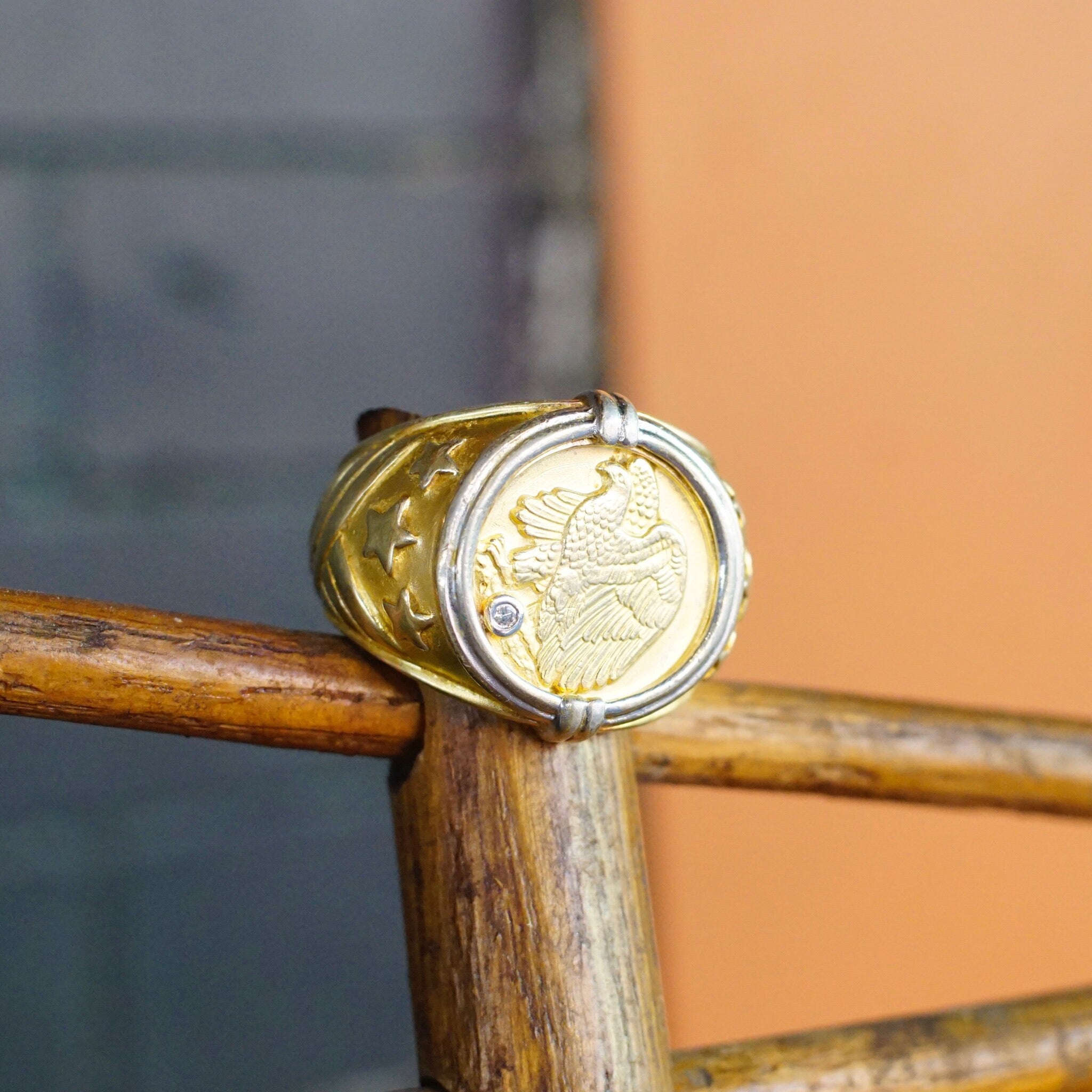 Vintage Gold Plated Sterling Silver Eagle Coin Ring, Two-Tone Embossed American Eagle Ring With Accent Stone, Large Gold Ring, Size 11 US