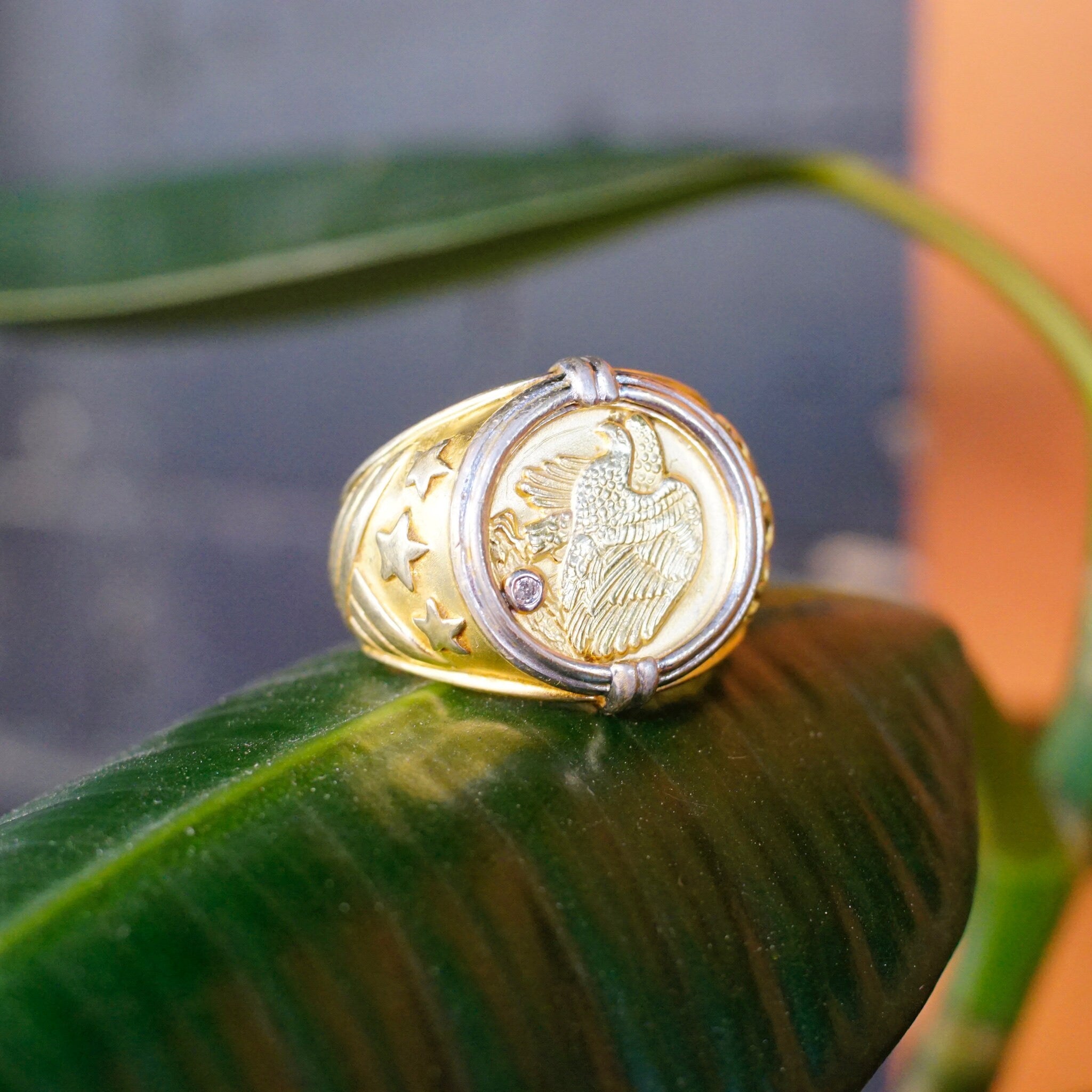 Vintage Gold Plated Sterling Silver Eagle Coin Ring, Two-Tone Embossed American Eagle Ring With Accent Stone, Large Gold Ring, Size 11 US