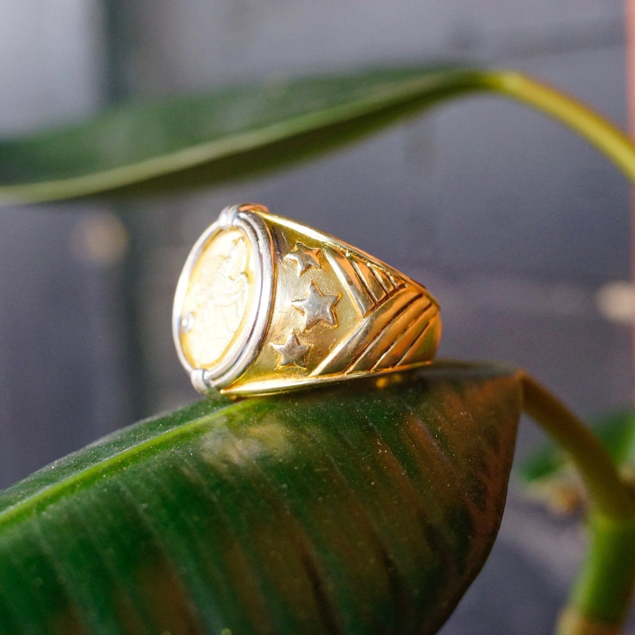 Vintage Gold Plated Sterling Silver Eagle Coin Ring, Two-Tone Embossed American Eagle Ring With Accent Stone, Large Gold Ring, Size 11 US