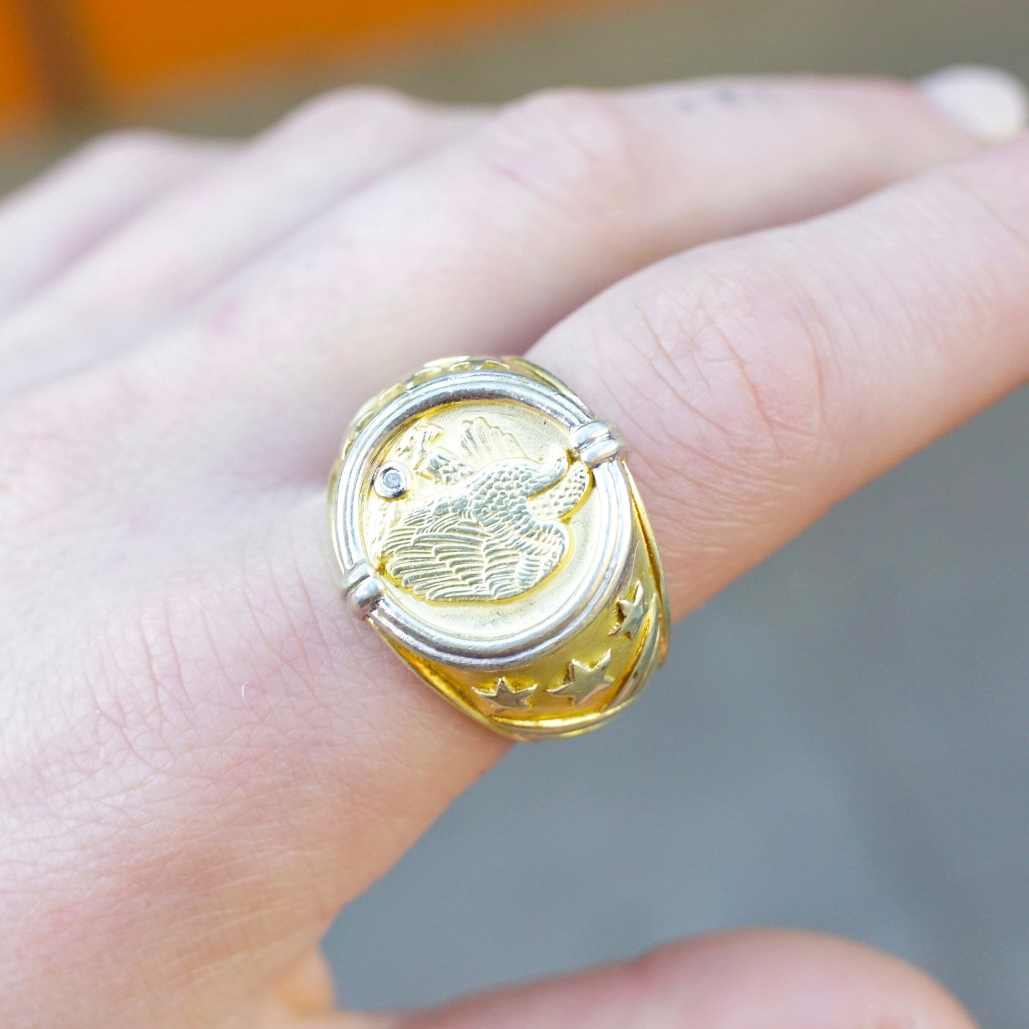 Vintage Gold Plated Sterling Silver Eagle Coin Ring, Two-Tone Embossed American Eagle Ring With Accent Stone, Large Gold Ring, Size 11 US