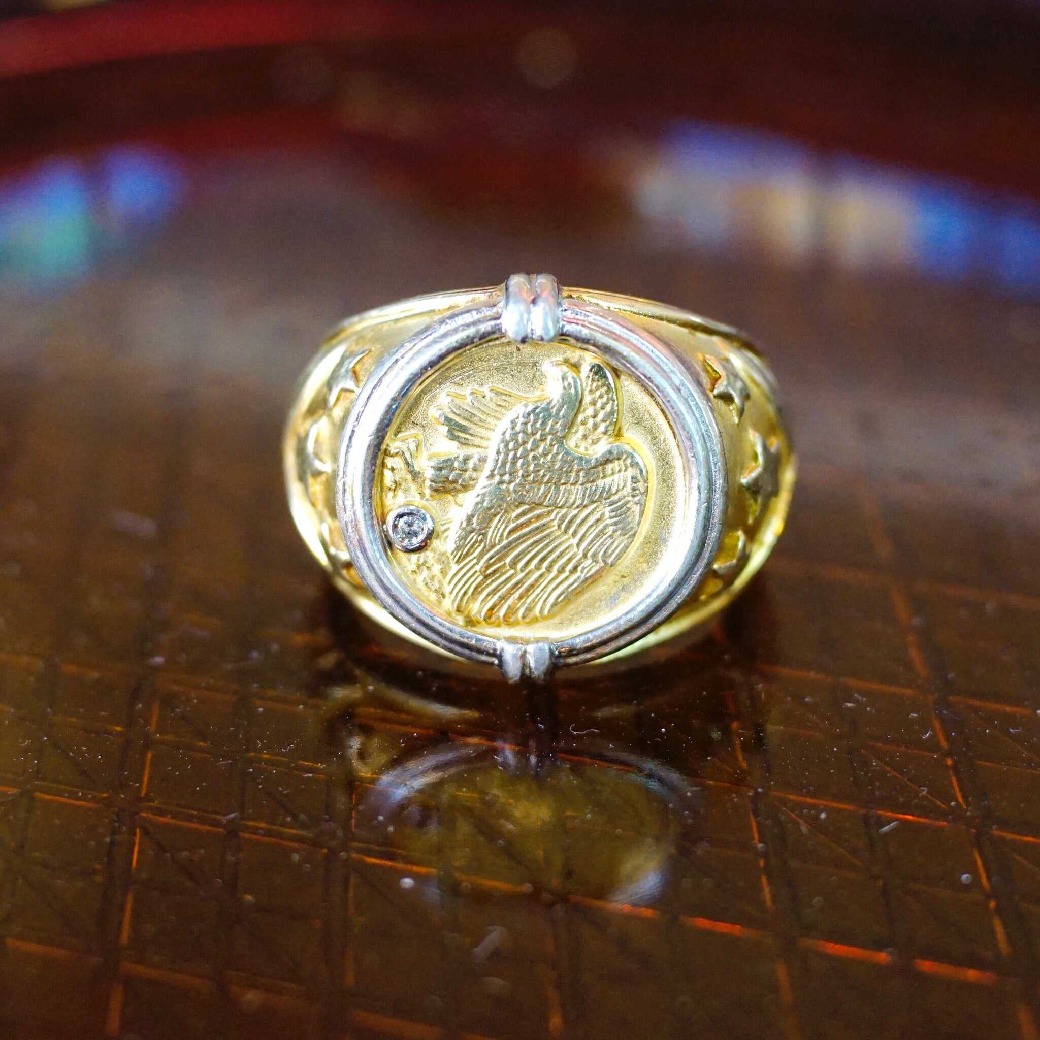 Vintage Gold Plated Sterling Silver Eagle Coin Ring, Two-Tone Embossed American Eagle Ring With Accent Stone, Large Gold Ring, Size 11 US