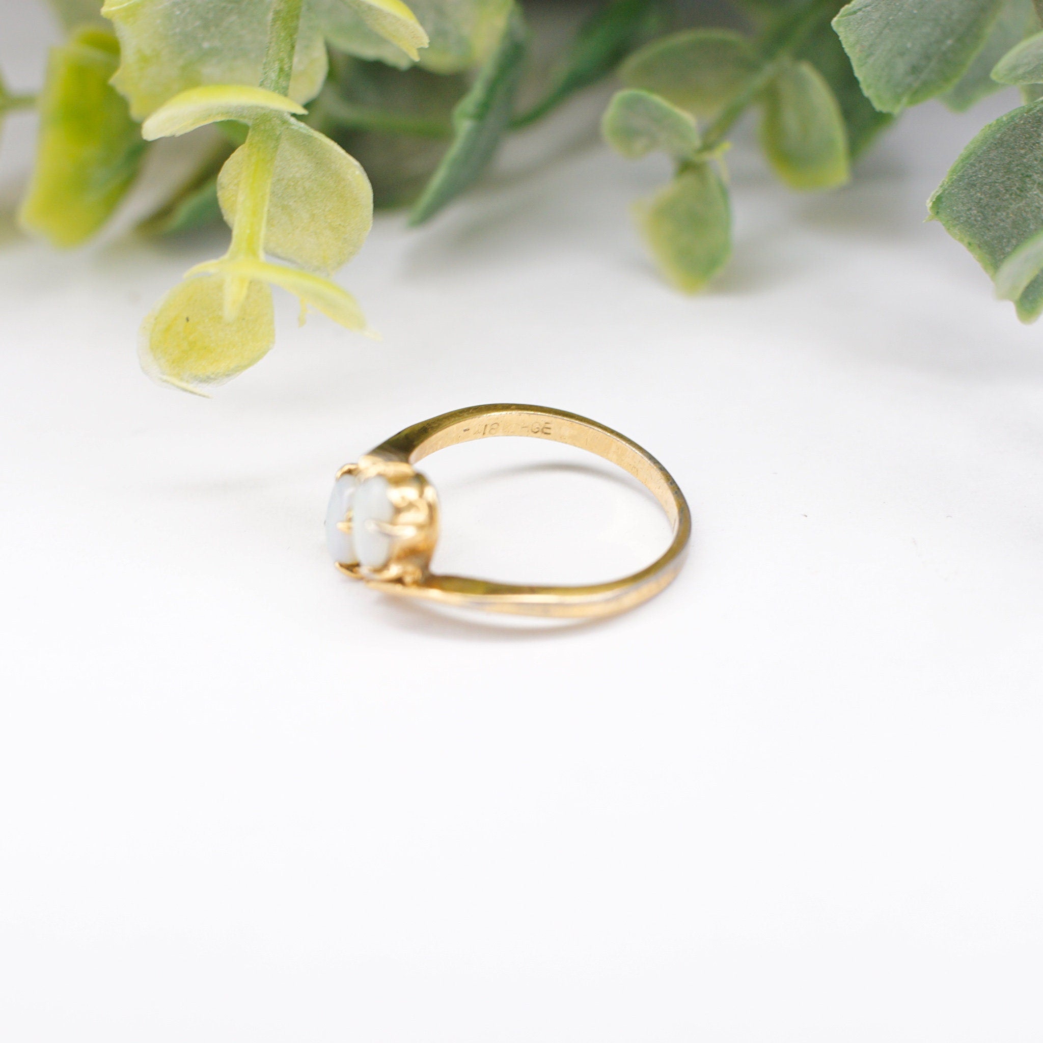 Vintage 18KT HGE Opal Ring, Beautiful Gold Ring With Offset Opal Stones, Petite Gold Plated Synthetic Opal Ring, Size 4 1/2 US