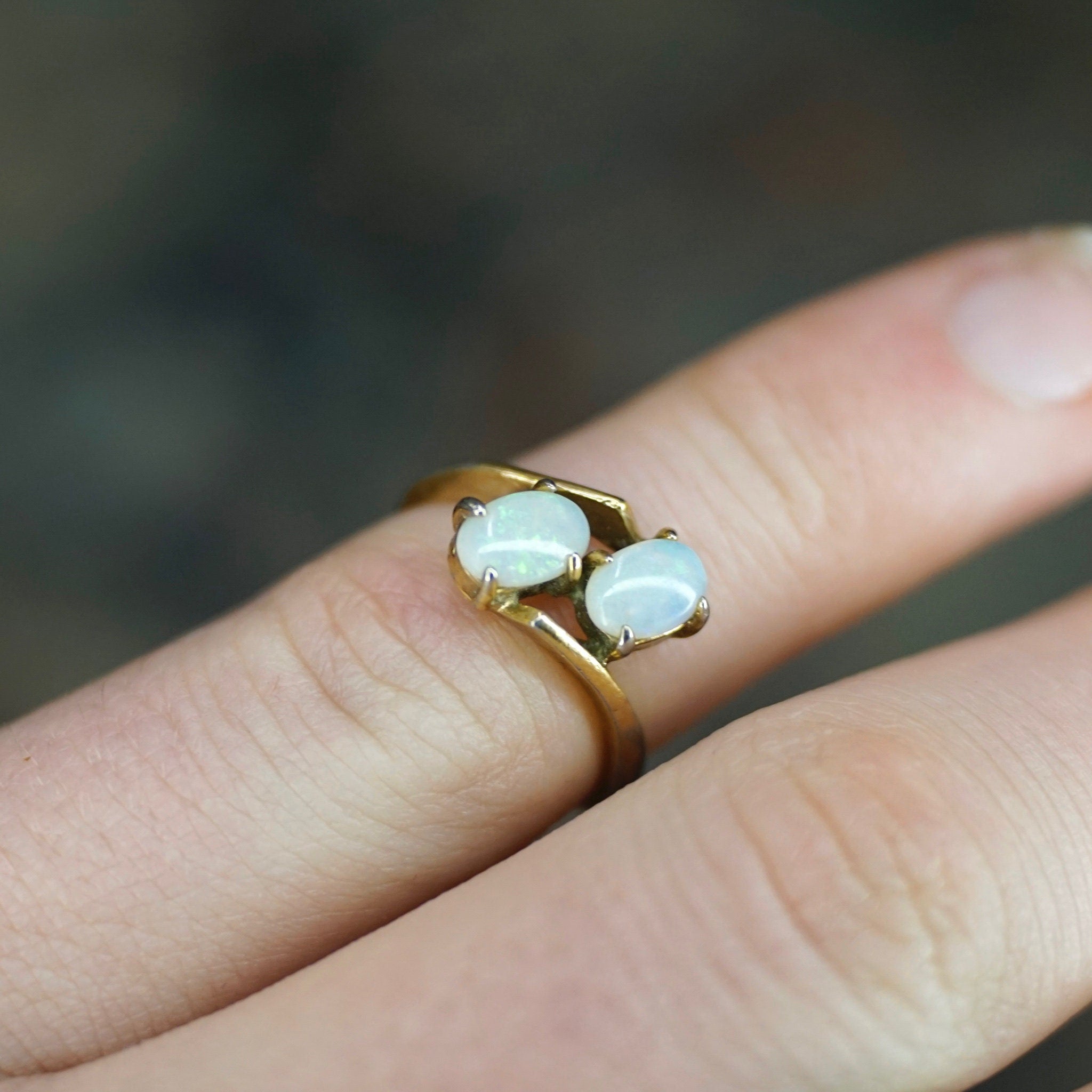 Vintage 18KT HGE Opal Ring, Beautiful Gold Ring With Offset Opal Stones, Petite Gold Plated Synthetic Opal Ring, Size 4 1/2 US