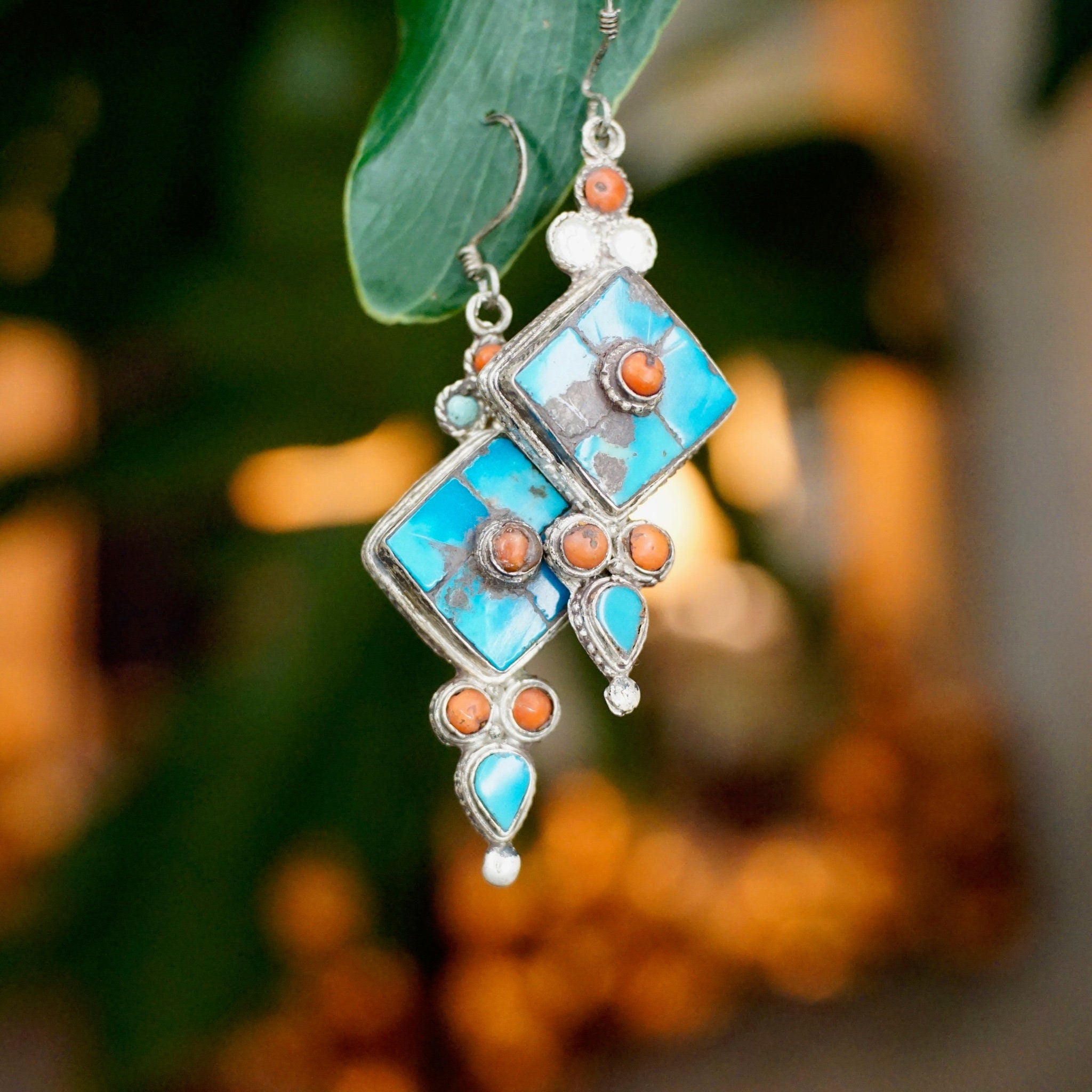 Vintage Sterling Silver Dangle Earrings With Inlaid Turquoise & Coral, Beautiful Drop Earrings With Blue And Red Stones, 925 Jewelry