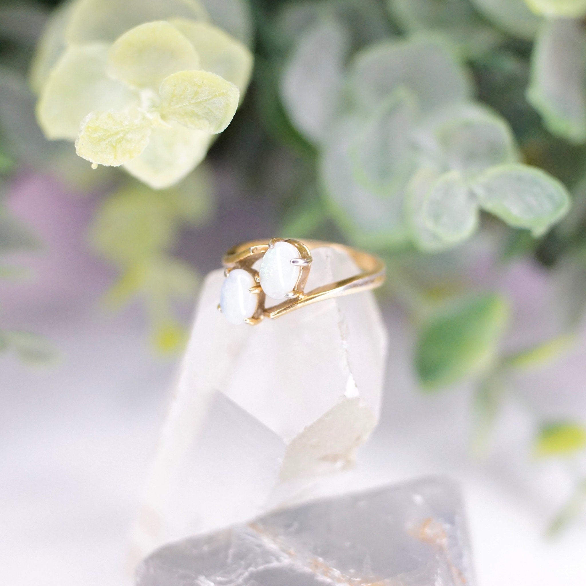 Vintage 18KT HGE Opal Ring, Beautiful Gold Ring With Offset Opal Stones, Petite Gold Plated Synthetic Opal Ring, Size 4 1/2 US