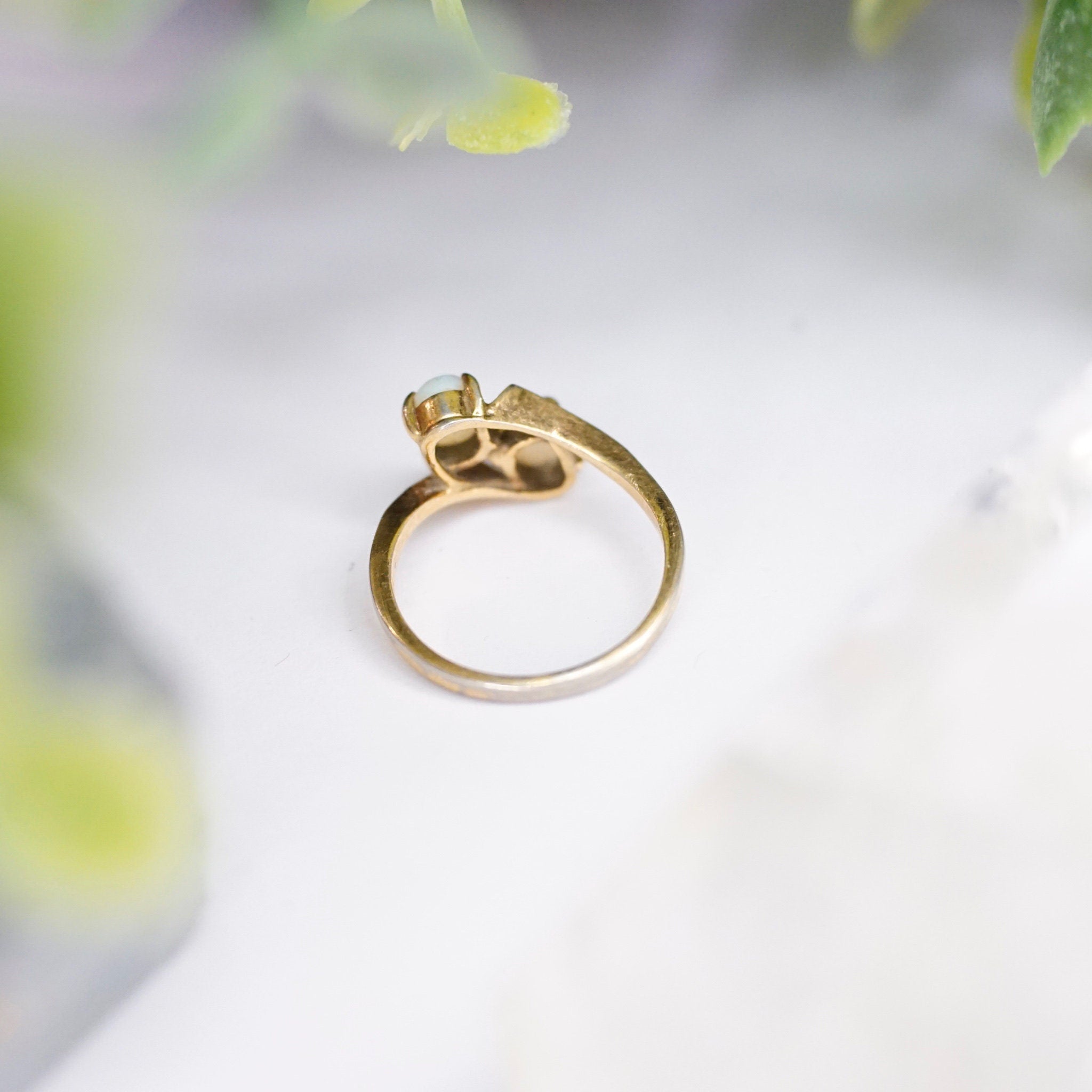 Vintage 18KT HGE Opal Ring, Beautiful Gold Ring With Offset Opal Stones, Petite Gold Plated Synthetic Opal Ring, Size 4 1/2 US