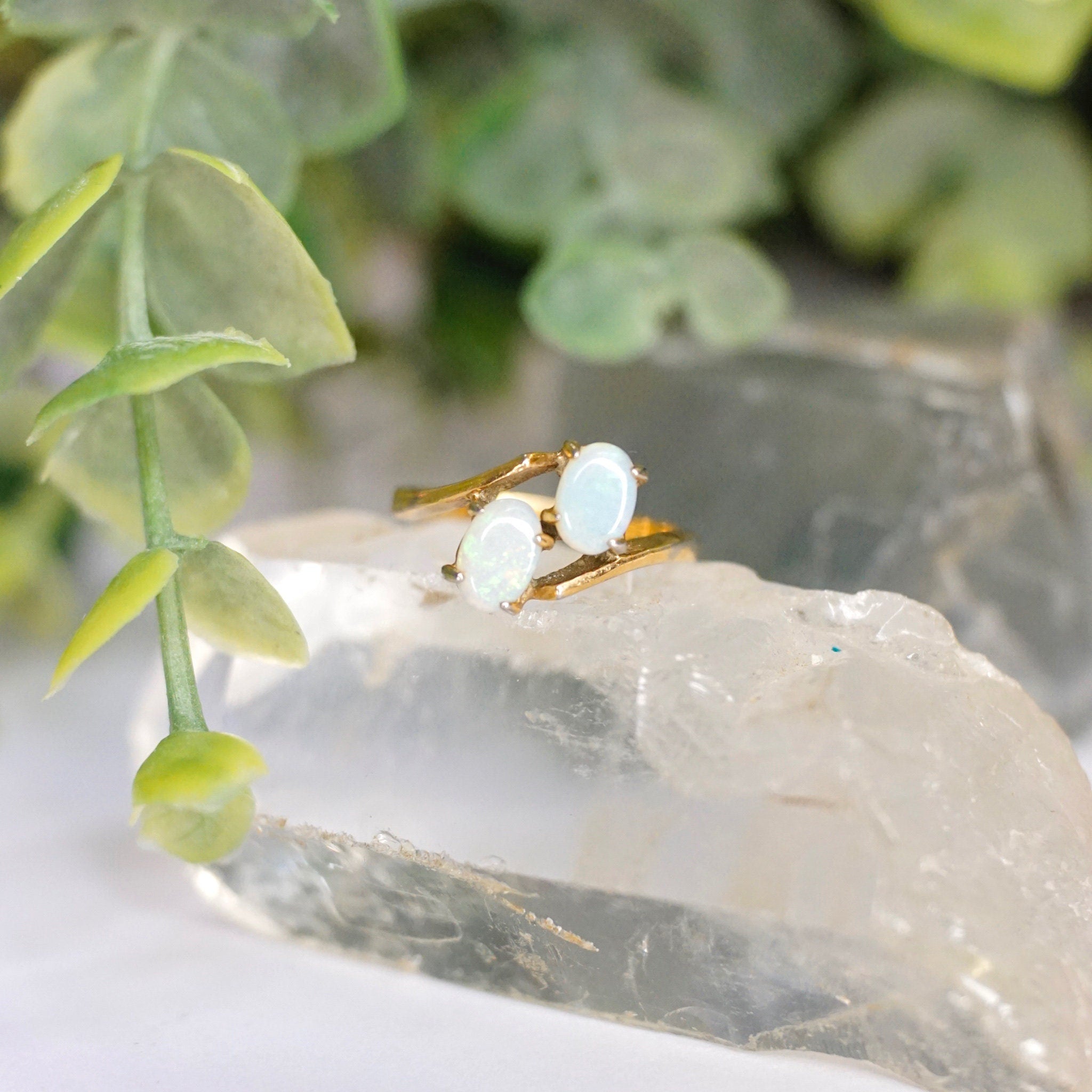 Vintage 18KT HGE Opal Ring, Beautiful Gold Ring With Offset Opal Stones, Petite Gold Plated Synthetic Opal Ring, Size 4 1/2 US