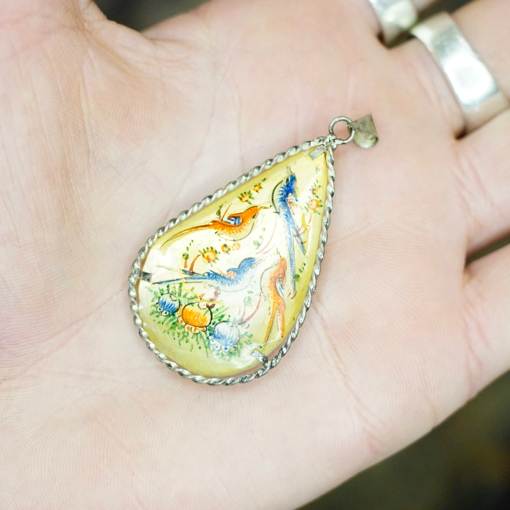 Antique Hand Painted Mother Of Pearl & Silver Pendant, Persian Hand Made Shell Pendant With Silver Border, Painted Tear Drop Pendant