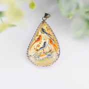 Antique Hand Painted Mother Of Pearl & Silver Pendant, Persian Hand Made Shell Pendant With Silver Border, Painted Tear Drop Pendant