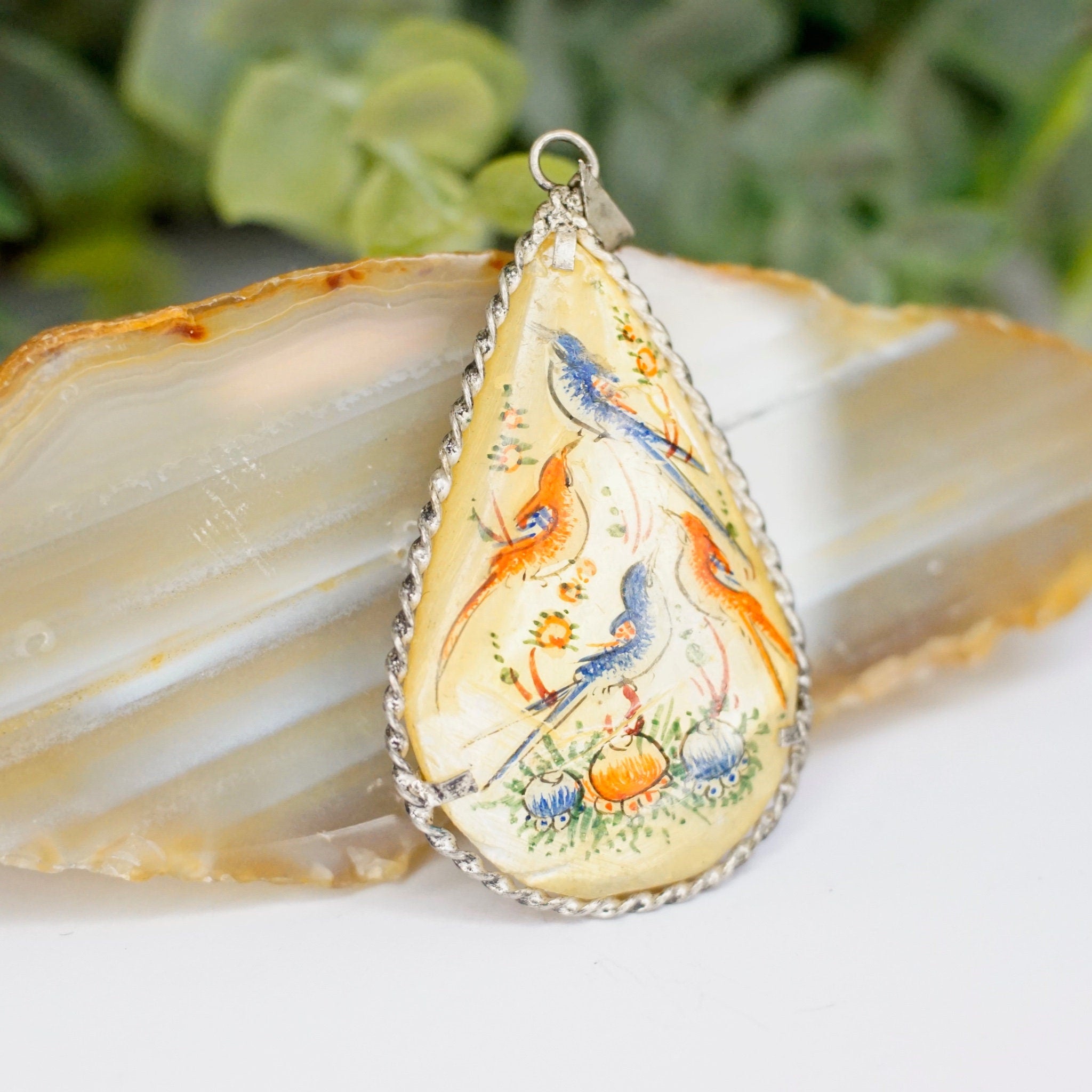 Antique Hand Painted Mother Of Pearl & Silver Pendant, Persian Hand Made Shell Pendant With Silver Border, Painted Tear Drop Pendant