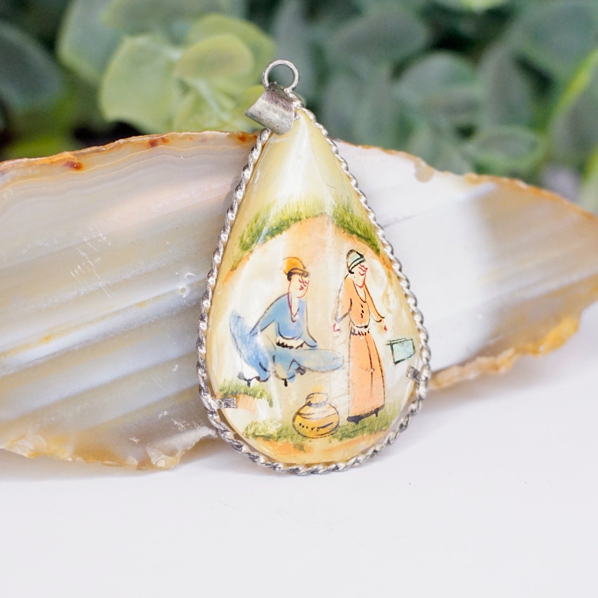 Antique Hand Painted Mother Of Pearl & Silver Pendant, Persian Hand Made Shell Pendant With Silver Border, Painted Tear Drop Pendant