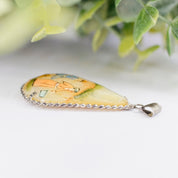 Antique Hand Painted Mother Of Pearl & Silver Pendant, Persian Hand Made Shell Pendant With Silver Border, Painted Tear Drop Pendant