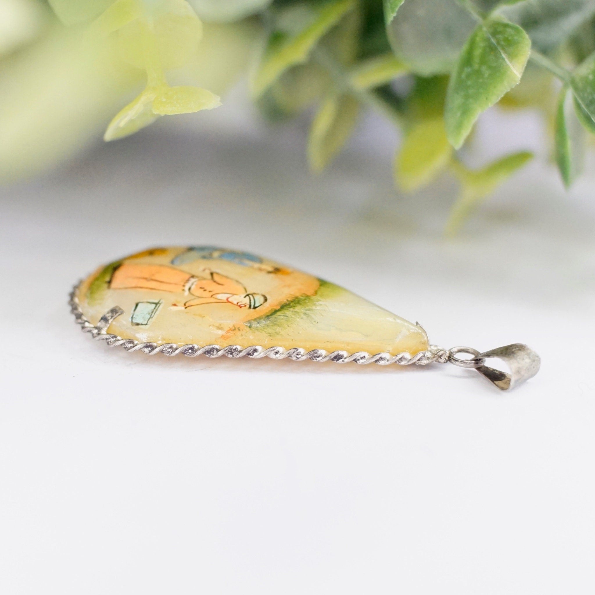 Antique Hand Painted Mother Of Pearl & Silver Pendant, Persian Hand Made Shell Pendant With Silver Border, Painted Tear Drop Pendant