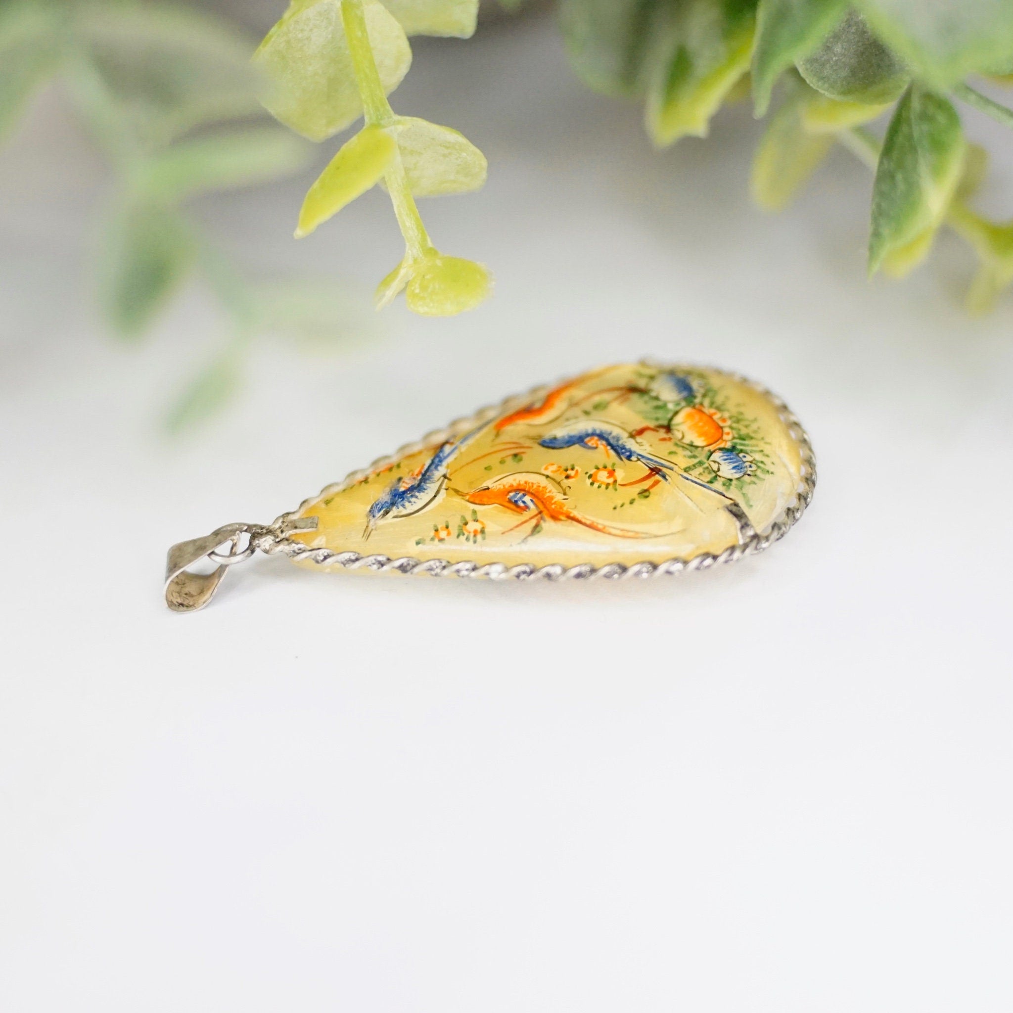 Antique Hand Painted Mother Of Pearl & Silver Pendant, Persian Hand Made Shell Pendant With Silver Border, Painted Tear Drop Pendant