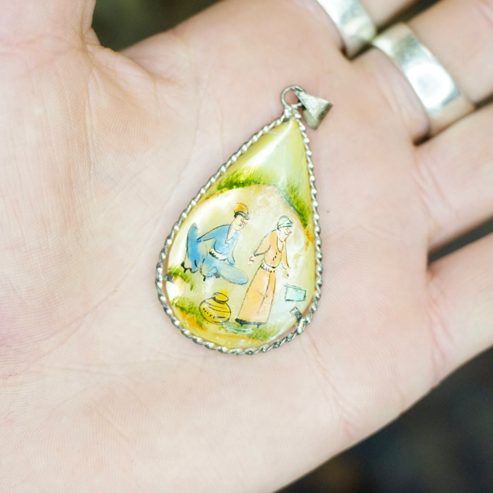 Antique Hand Painted Mother Of Pearl & Silver Pendant, Persian Hand Made Shell Pendant With Silver Border, Painted Tear Drop Pendant